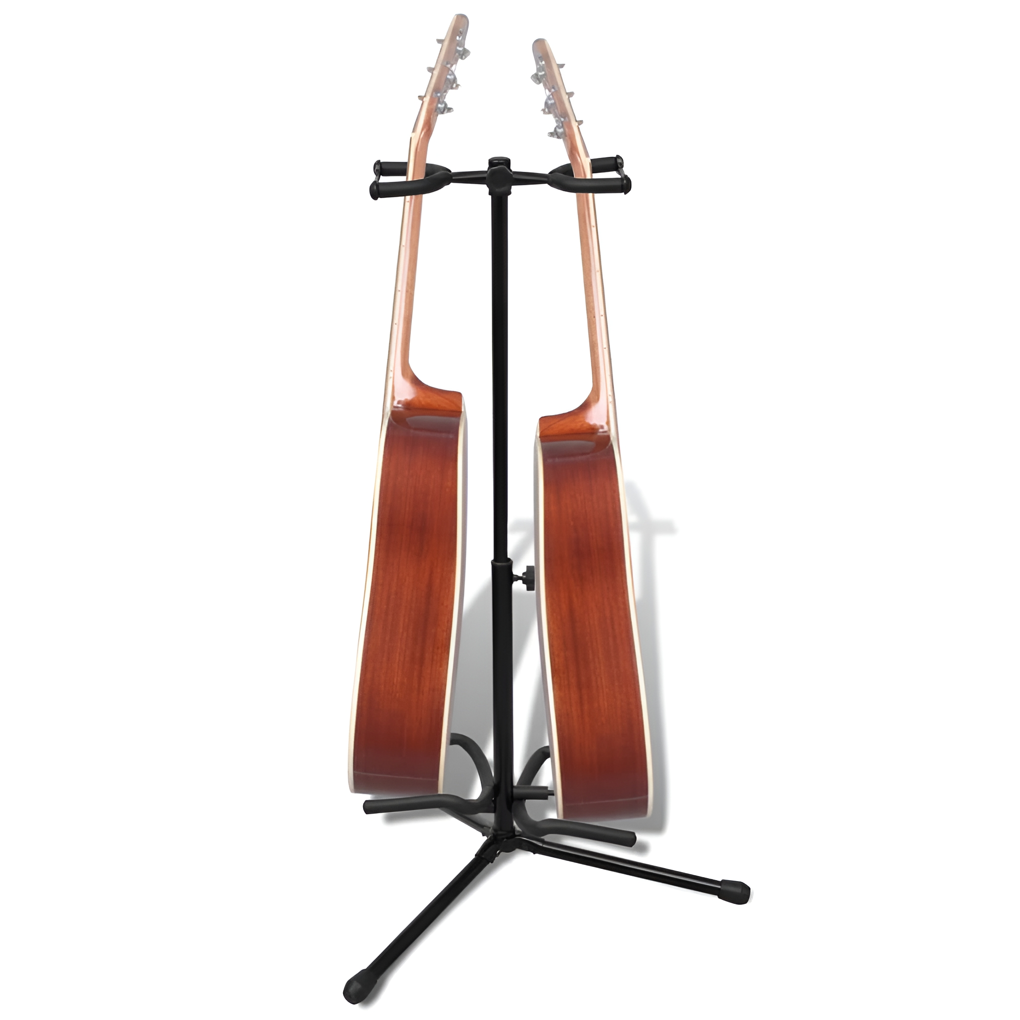 Zwei Gitarren auf einem schwarzen Ständer. Gitarren sind braun und haben einen schwarzen Ständer.