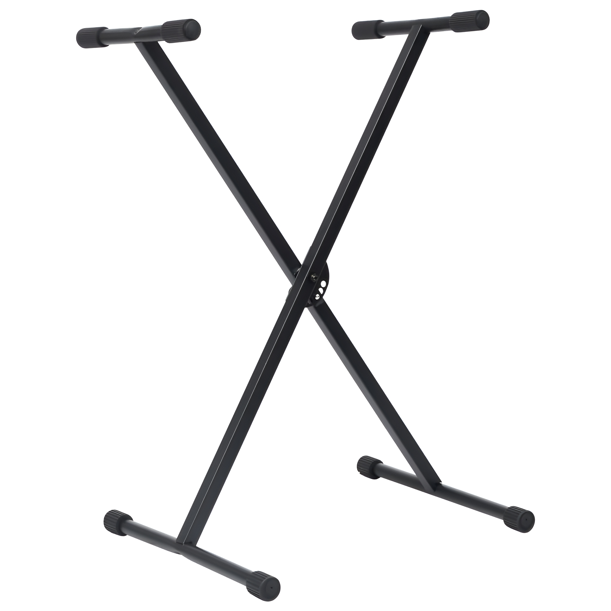 Schwarzer Keyboardständer. X-förmig, mit Gummifüßen. Weißer Hintergrund.