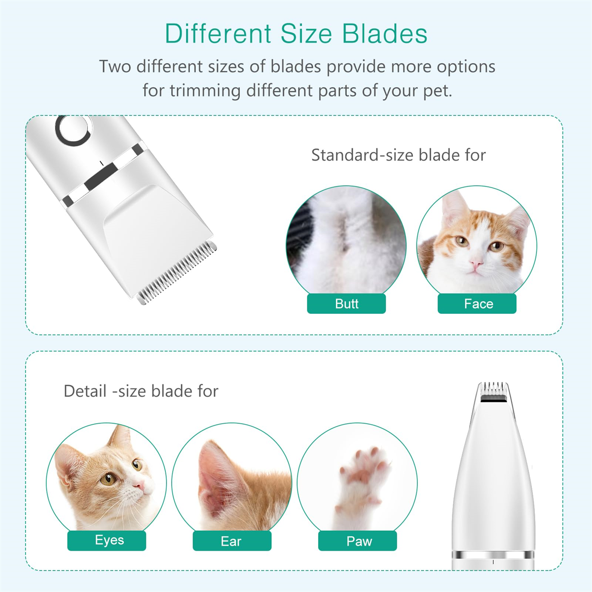 Diagramm der Fellpflegeklingen: Standard für Gesicht/Gesäß, Detailklinge für Augen/Ohren/Pfote. Katzen.