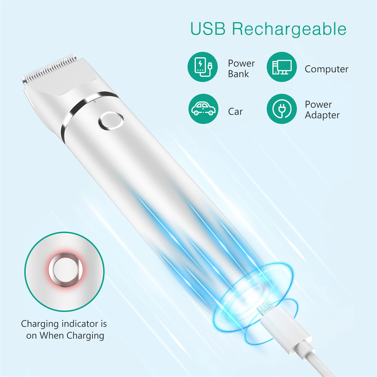 Ein weißer, über USB aufladbarer Haartrimmer mit Ladeanzeige und Ladekabel.