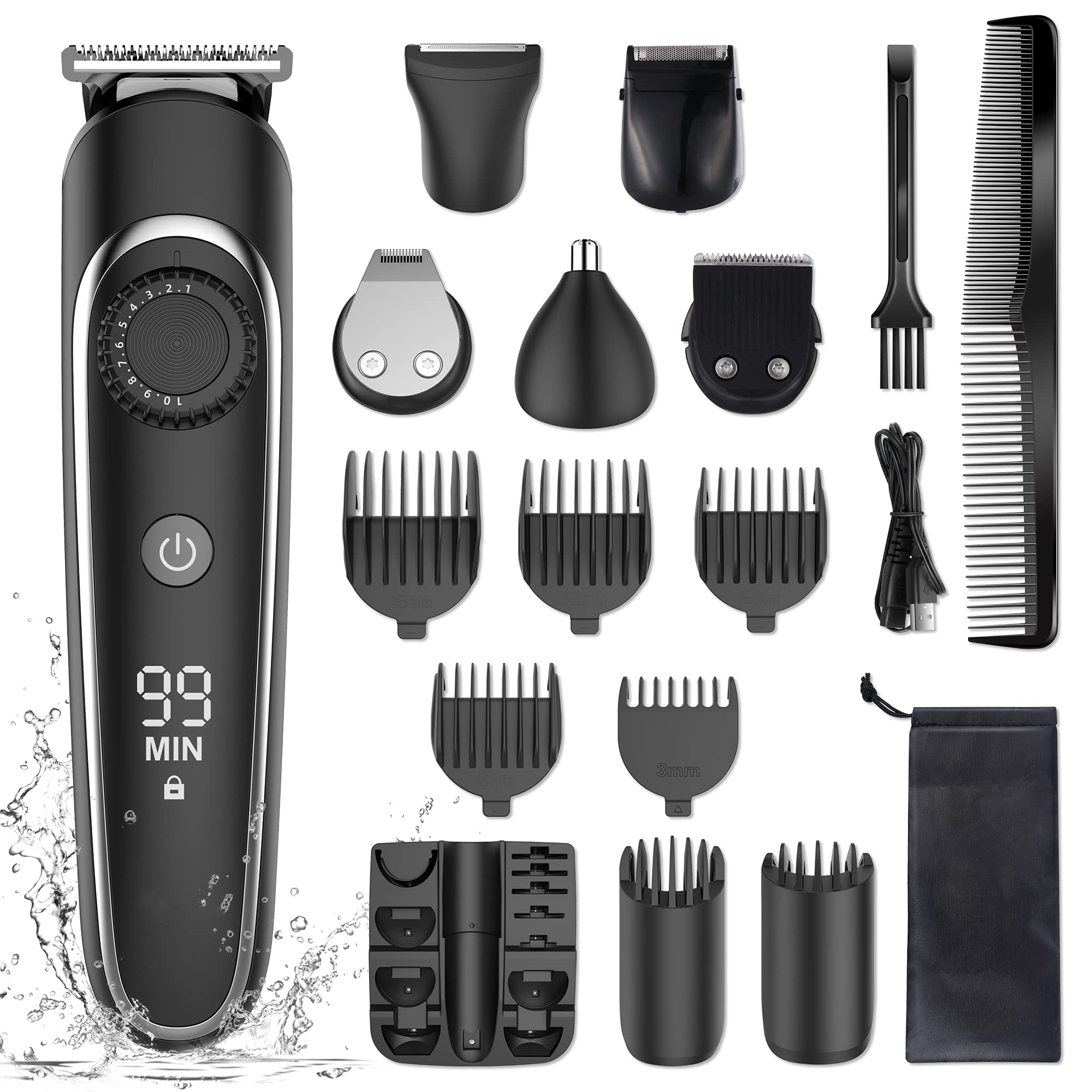 Ein schwarzer Haarschneider mit verschiedenen Aufsätzen und einem Kamm auf weißem Grund.