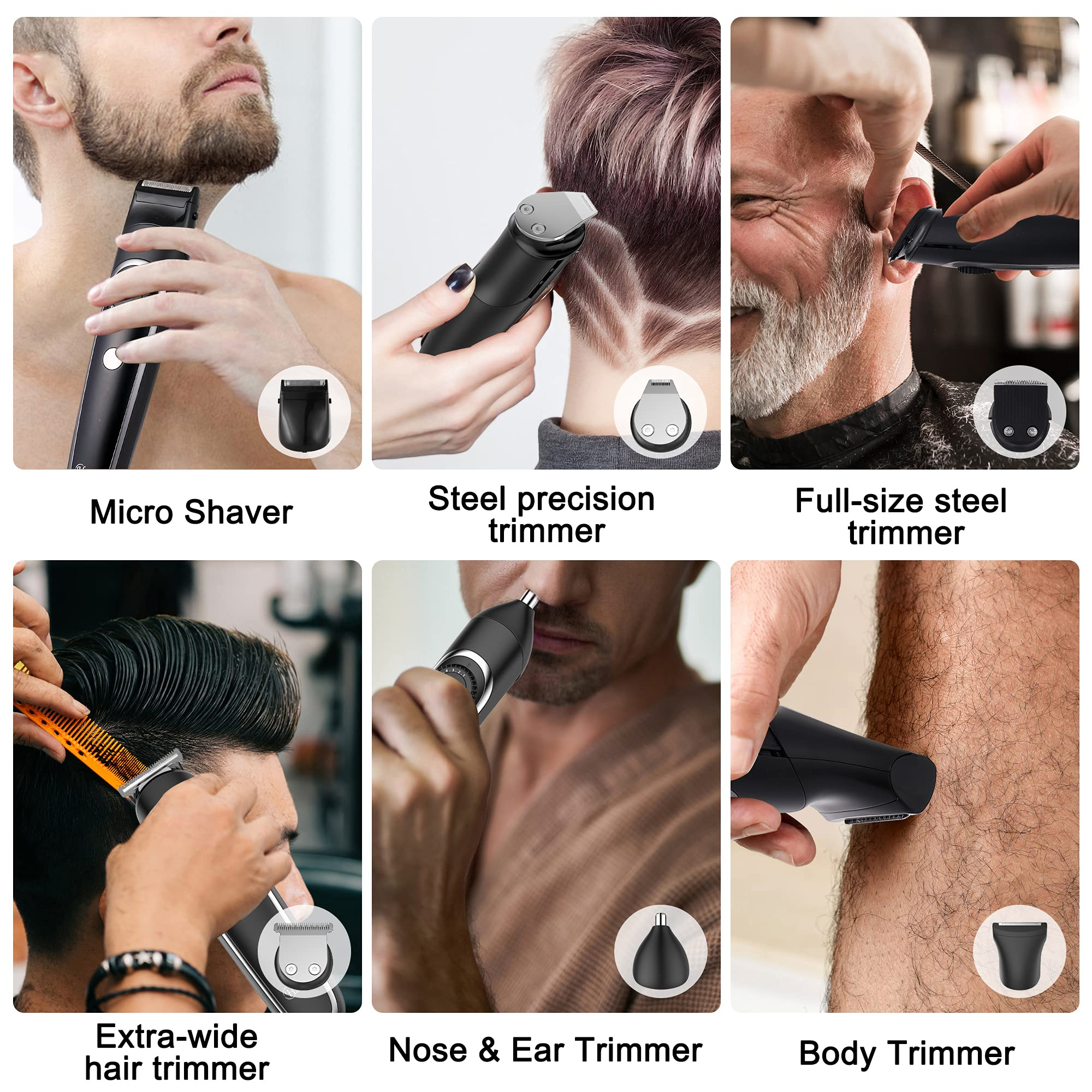 Sammlung von Herren-Pflegegeräten: Mikrorasierer, Stahltrimmer, Haar- und Körpertrimmer.