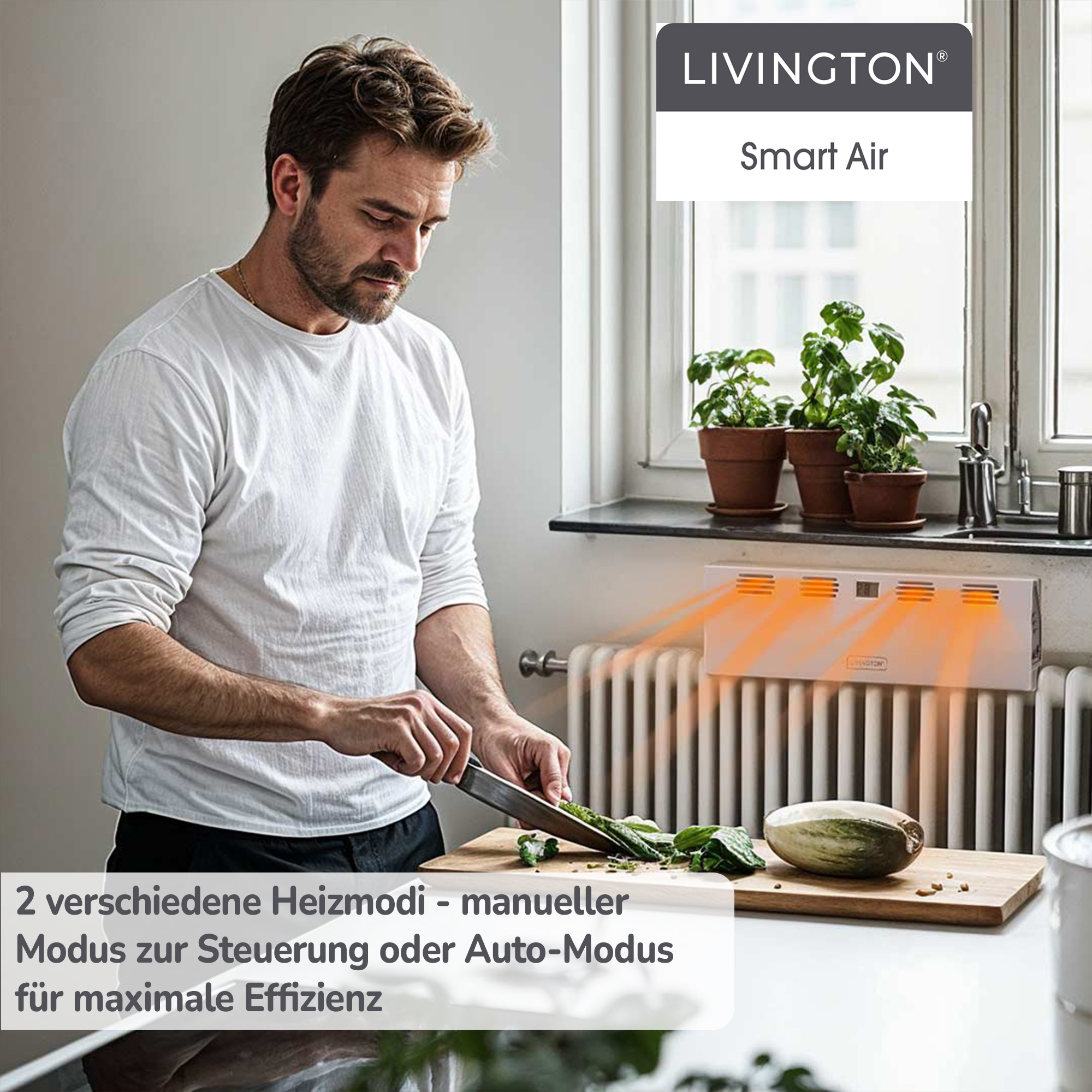 Uomo che taglia verdure in cucina. Un riscaldatore sopra il termosifone. Testo sulle modalità di riscaldamento.