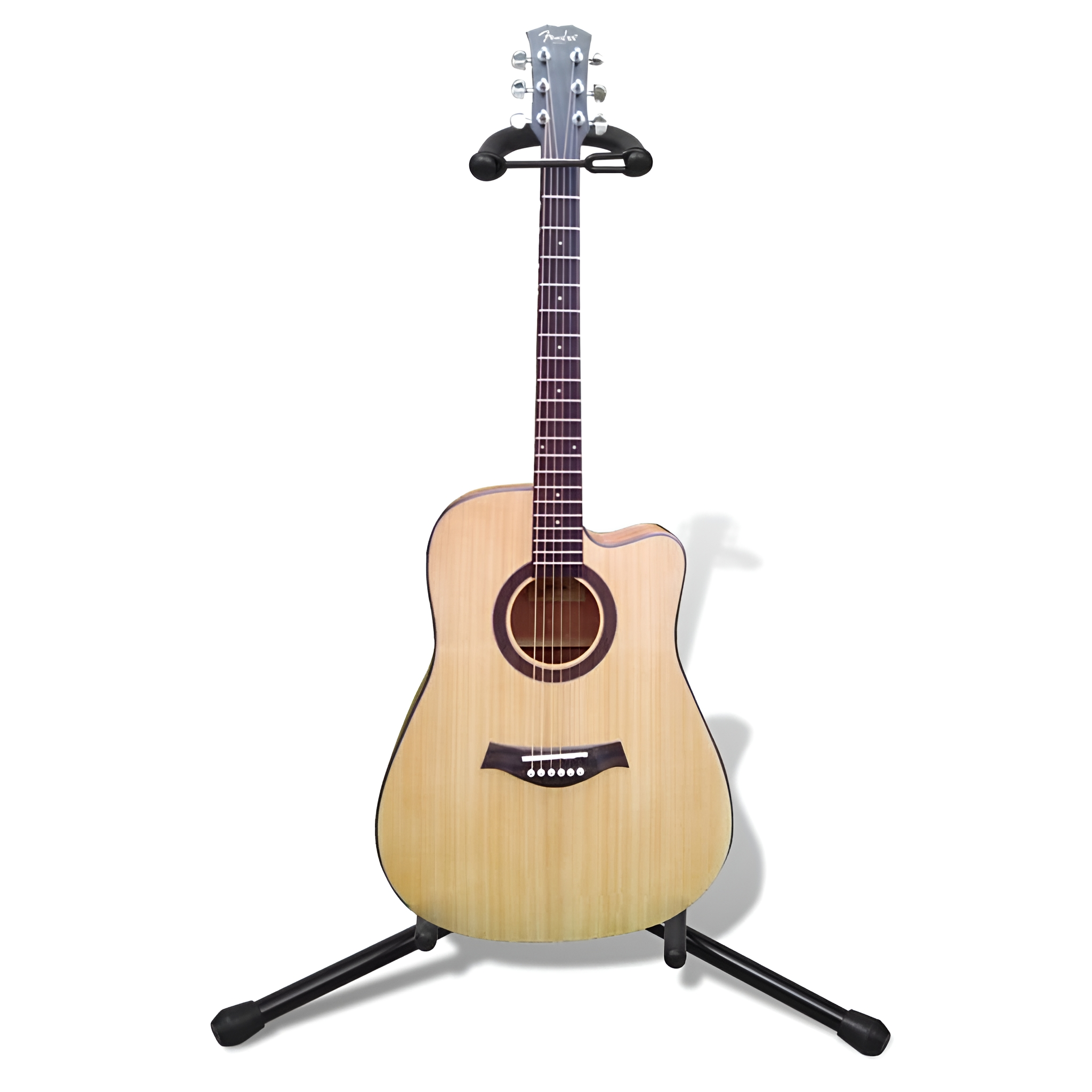 Akustikgitarre auf einem schwarzen Ständer, vor weißem Hintergrund.