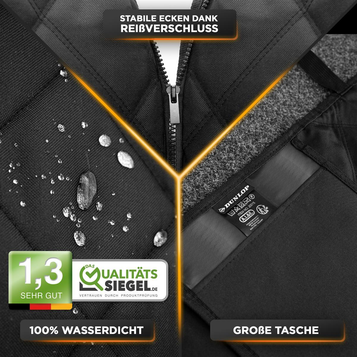 Nahaufnahme einer schwarzen Jacke mit Wassertropfen und Text über wasserdichte Eigenschaften.