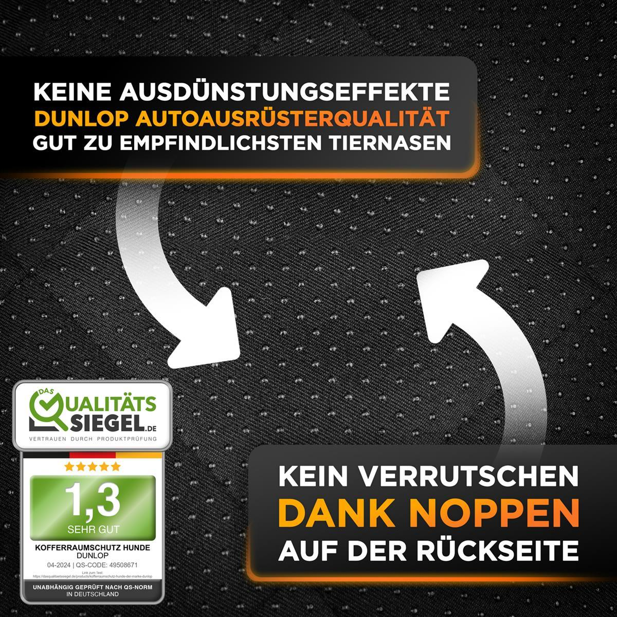 Eine Nahaufnahme einer Hundefrachtmatte mit einem Logo unten links und rechts mit Pfeilen.
