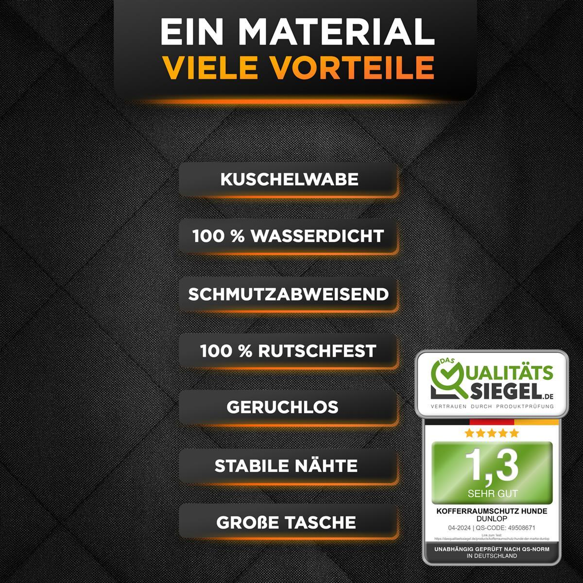 Eine Grafik listet Eigenschaften auf: wasserdicht, schmutzabweisend, rutschfest, geruchlos, stabile Nähte und eine große Tasche.