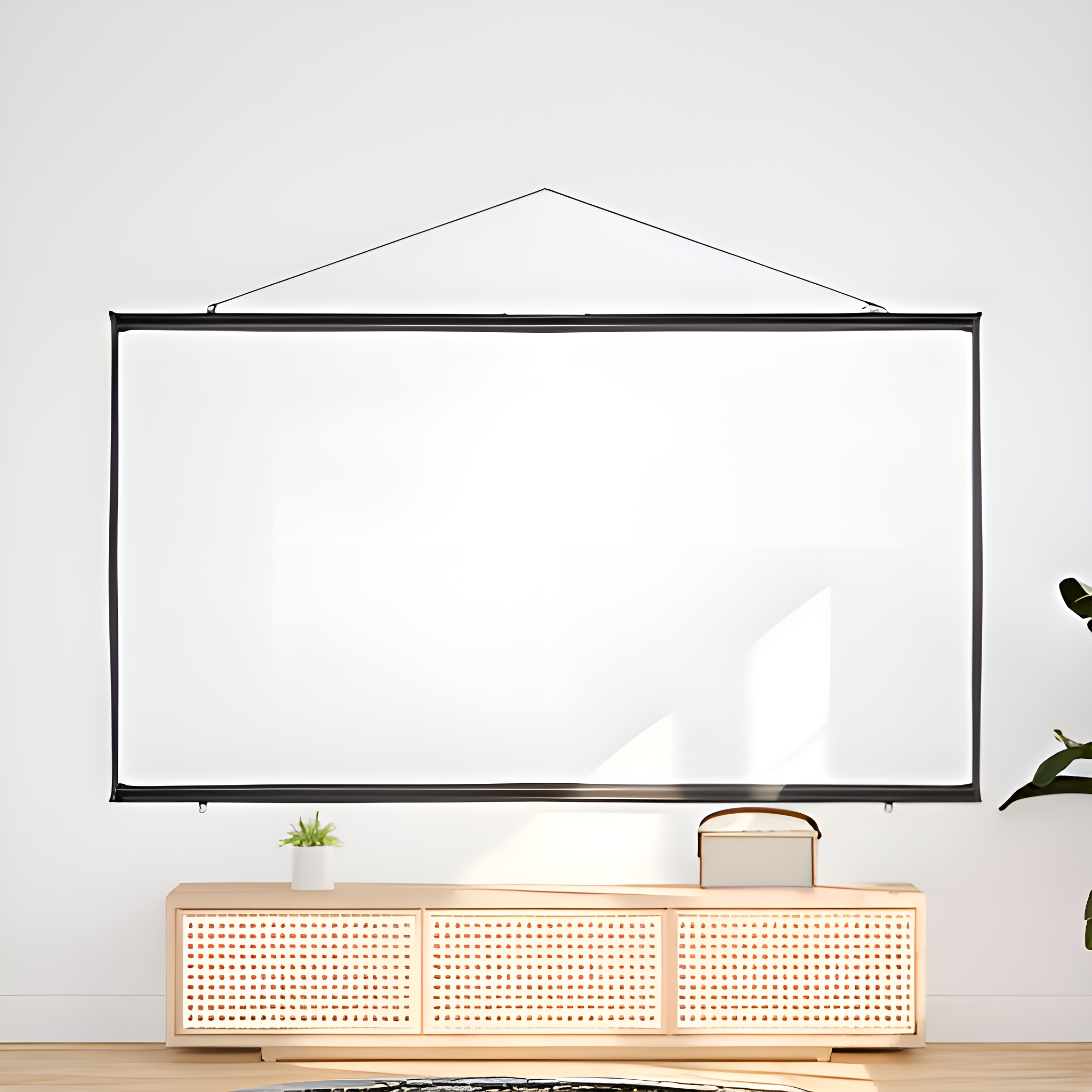 Eine große, weiße Projektorleinwand hängt an einer weißen Wand, darunter ein Holzschrank.