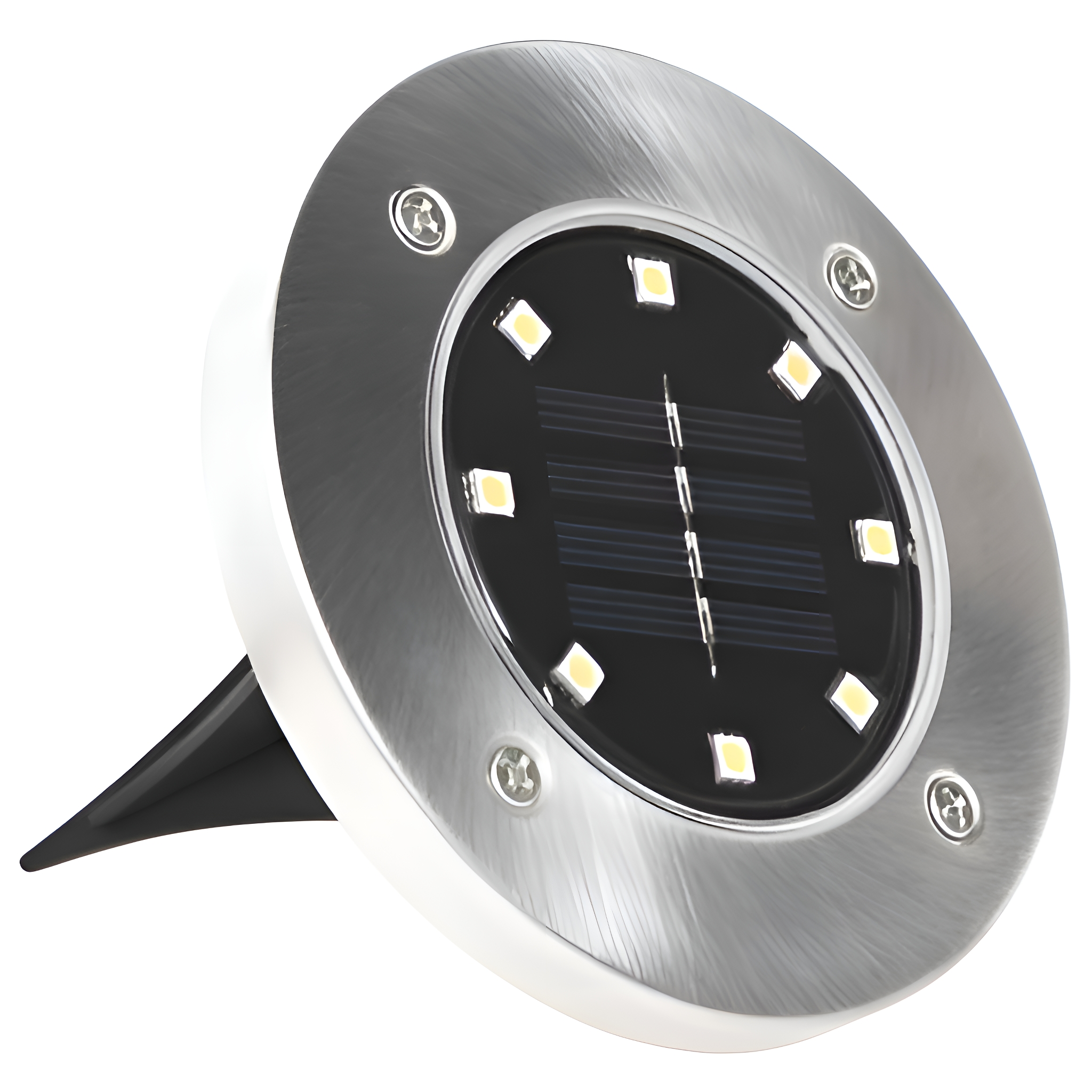 Solar-Bodenleuchte mit silbernem Rahmen und schwarzem Zentrum mit LEDs.