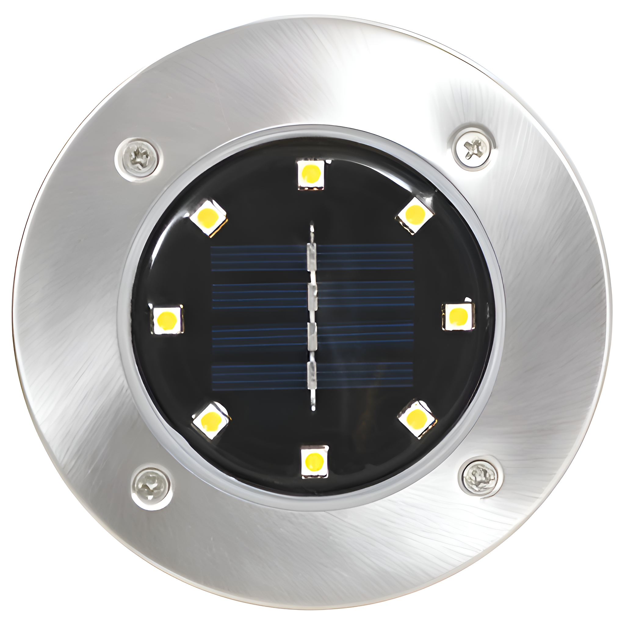Solarbetriebenes Gartenlicht. Rund, mit Edelstahlgehäuse und eingebauten gelben LED-Leuchten.