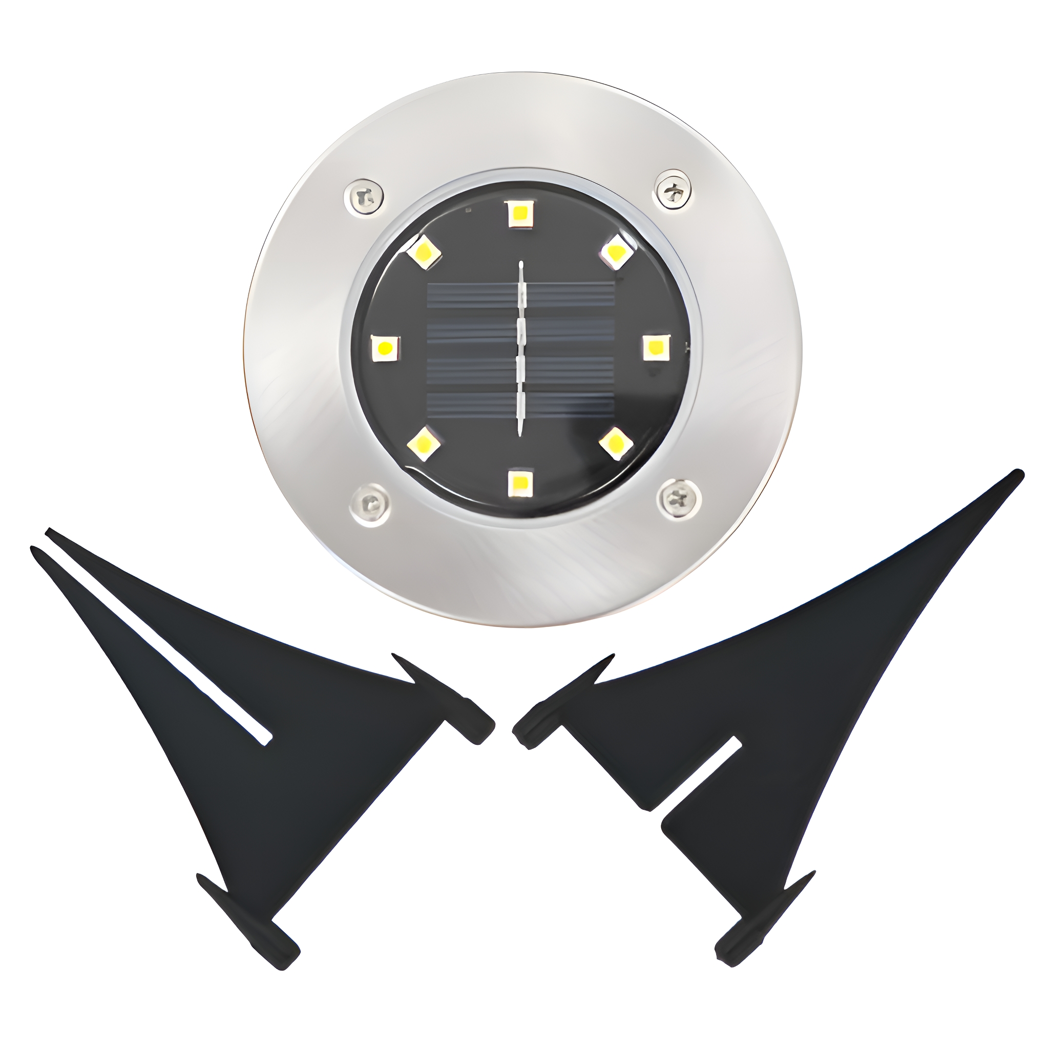 Ein Solar-Bodenlicht mit silbernem Rahmen, schwarzer Mitte mit Solarzellen und zwei schwarzen Pfählen.