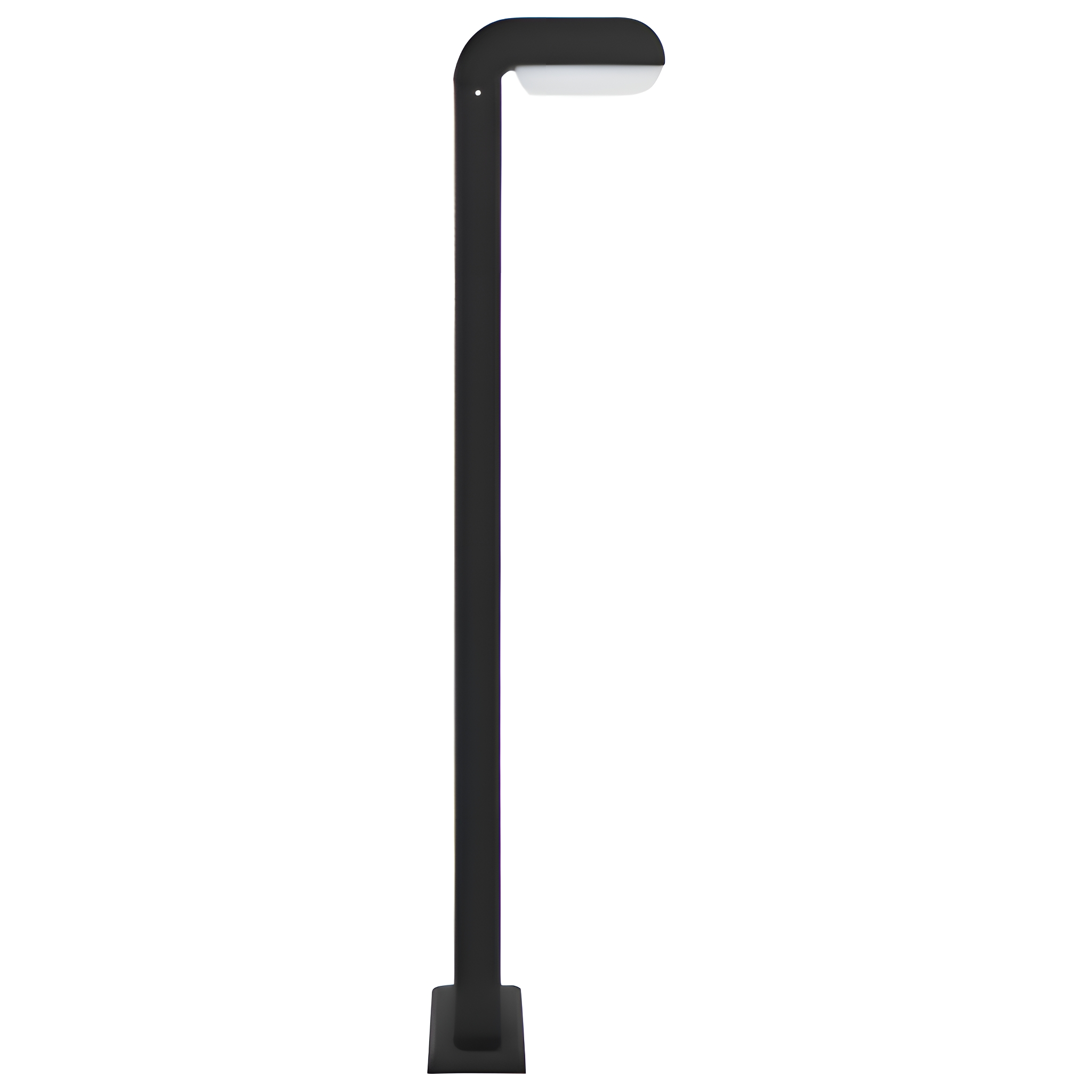 Schwarze Straßenlaterne auf weißem Hintergrund, minimalistisches Design.