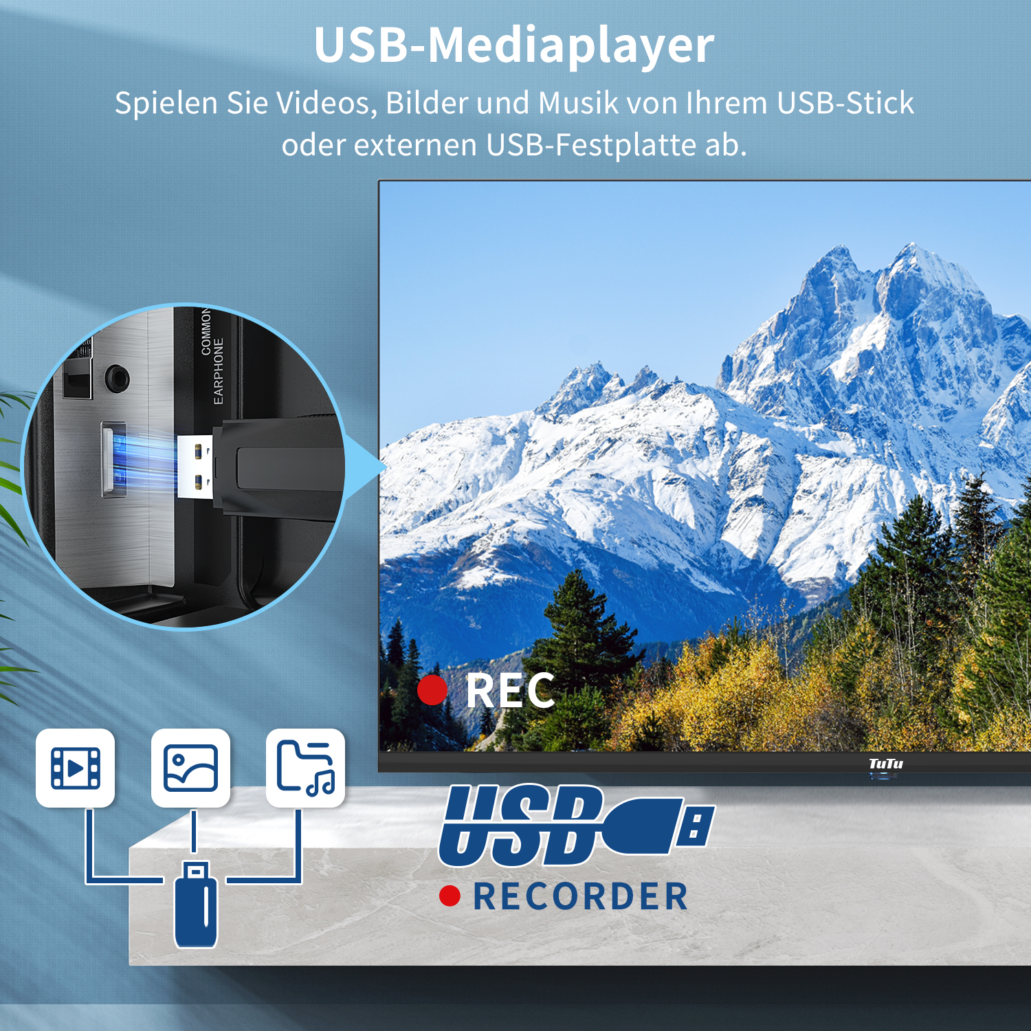 A USB media player with a TV displaying a snowy mountain scene; a USB stick is shown.
