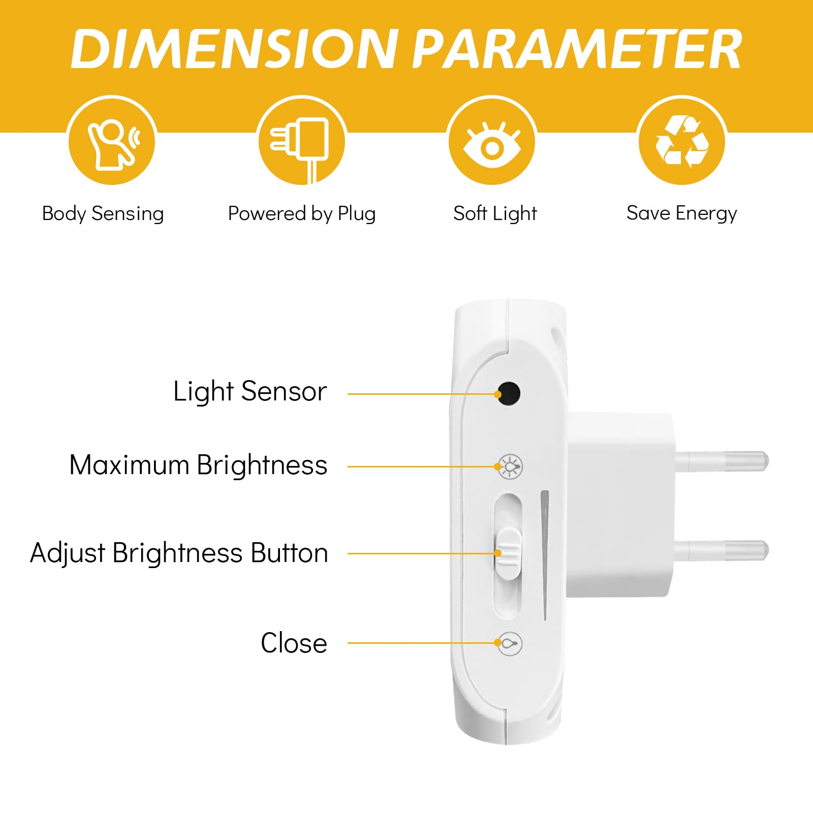 Weißes Nachtlicht mit Details zu seinen Funktionen: Körpersensor, Lichtsensor, Helligkeit.