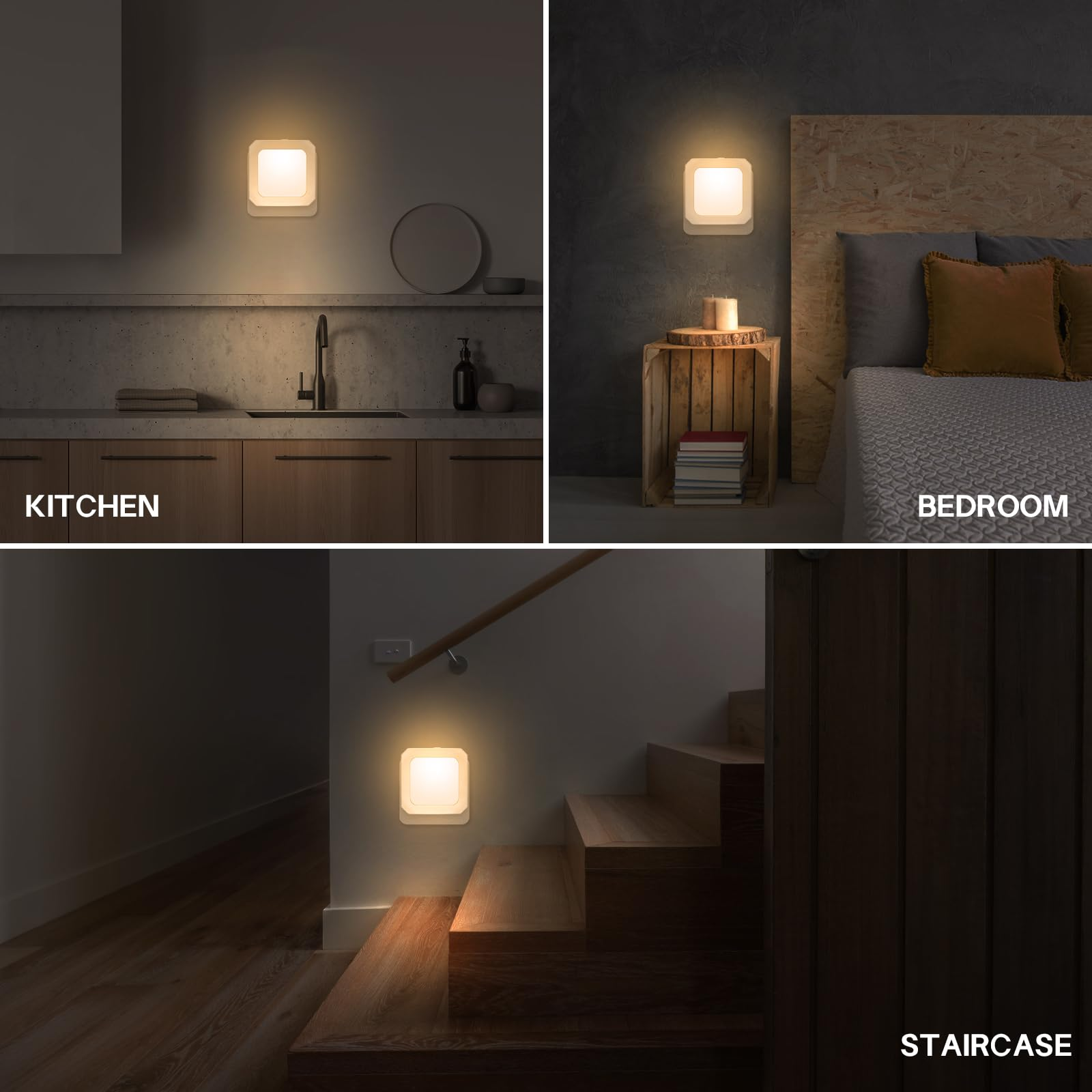 Drei Bilder von quadratischen, an der Wand befestigten Nachtlichtern, beschriftet mit 'Küche', 'Schlafzimmer' und 'Treppe'.