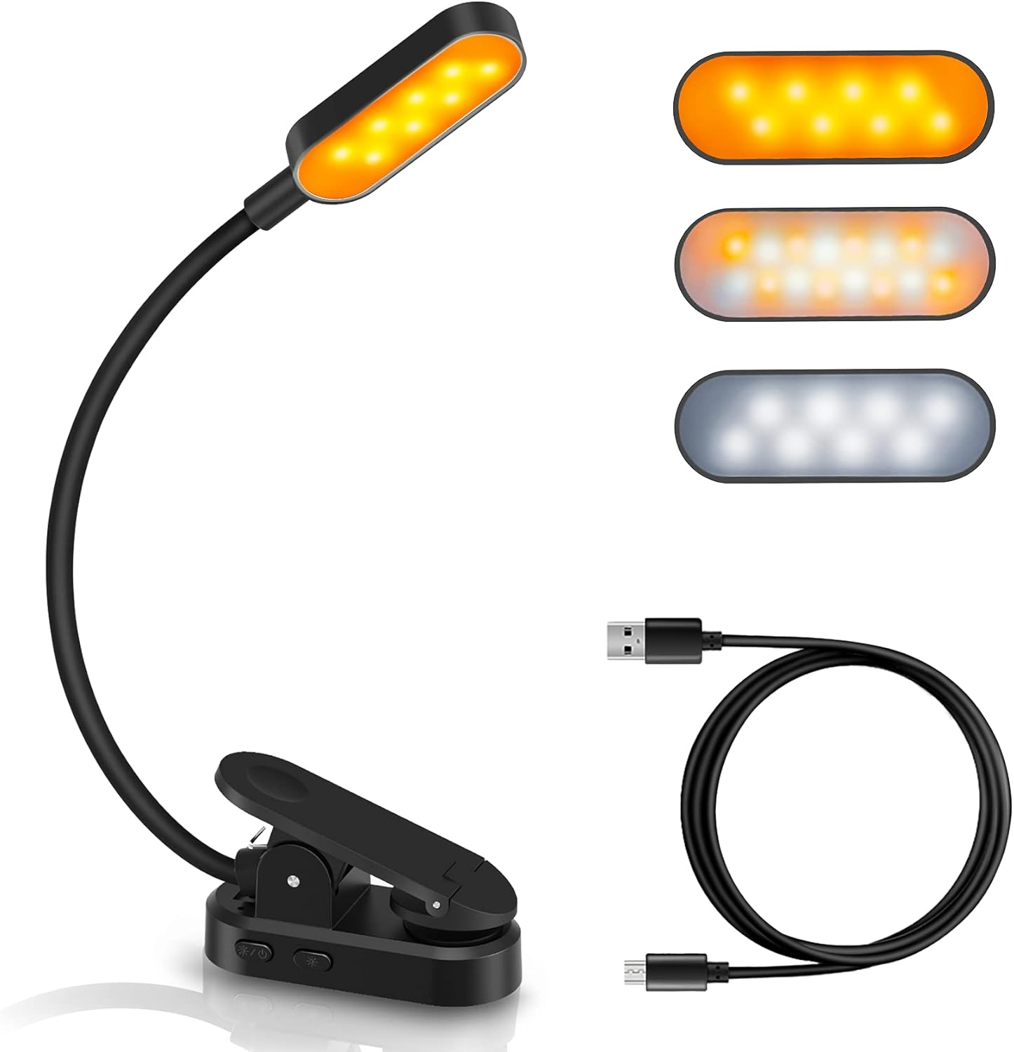 Schwarzes Leselicht mit verstellbarem Kopf und Clip. Drei Lichtoptionen und ein USB-Kabel sind vorhanden.