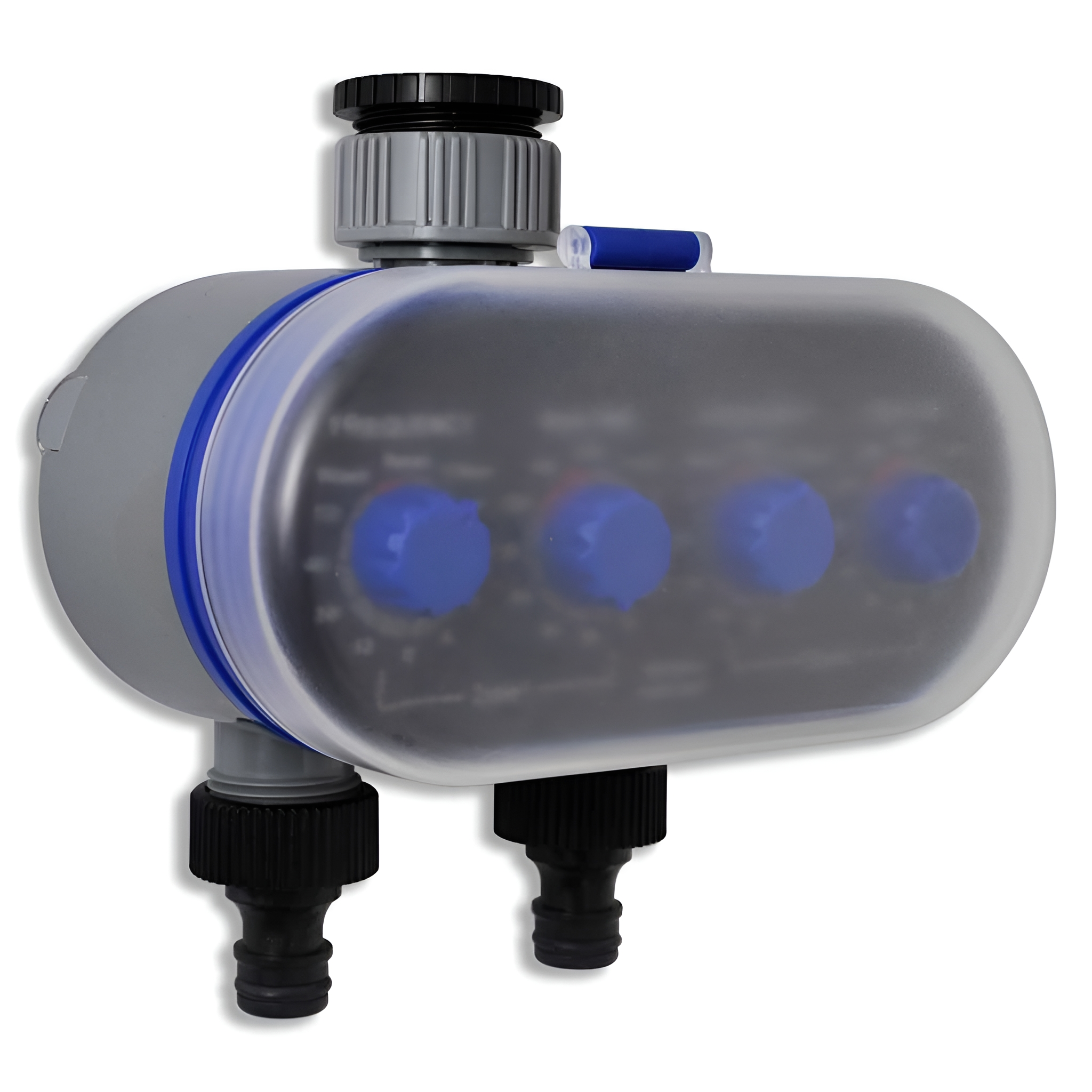 Digitaler Wasser-Timer, grau und blau, mit Drehreglern und transparenter Abdeckung.