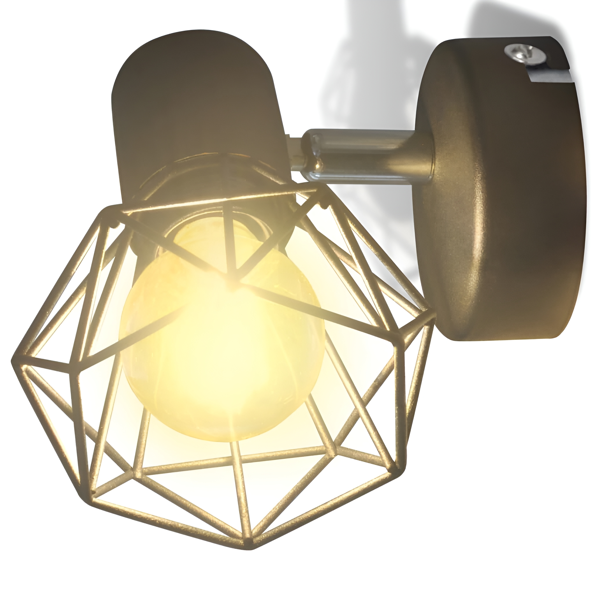 Schwarz-goldene Leuchte mit geometrischem Käfigdesign, mit leuchtender gelber Glühbirne.