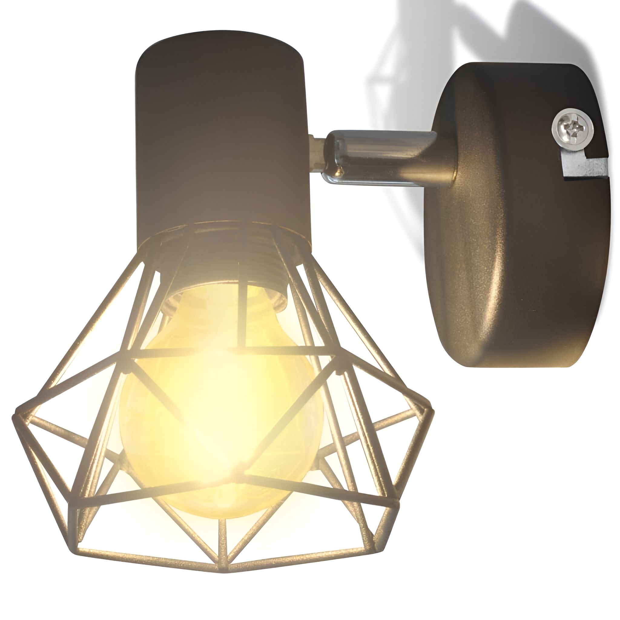 Schwarze Wandlampe mit Käfigschirm, Glühbirne beleuchtet, auf Weiß.