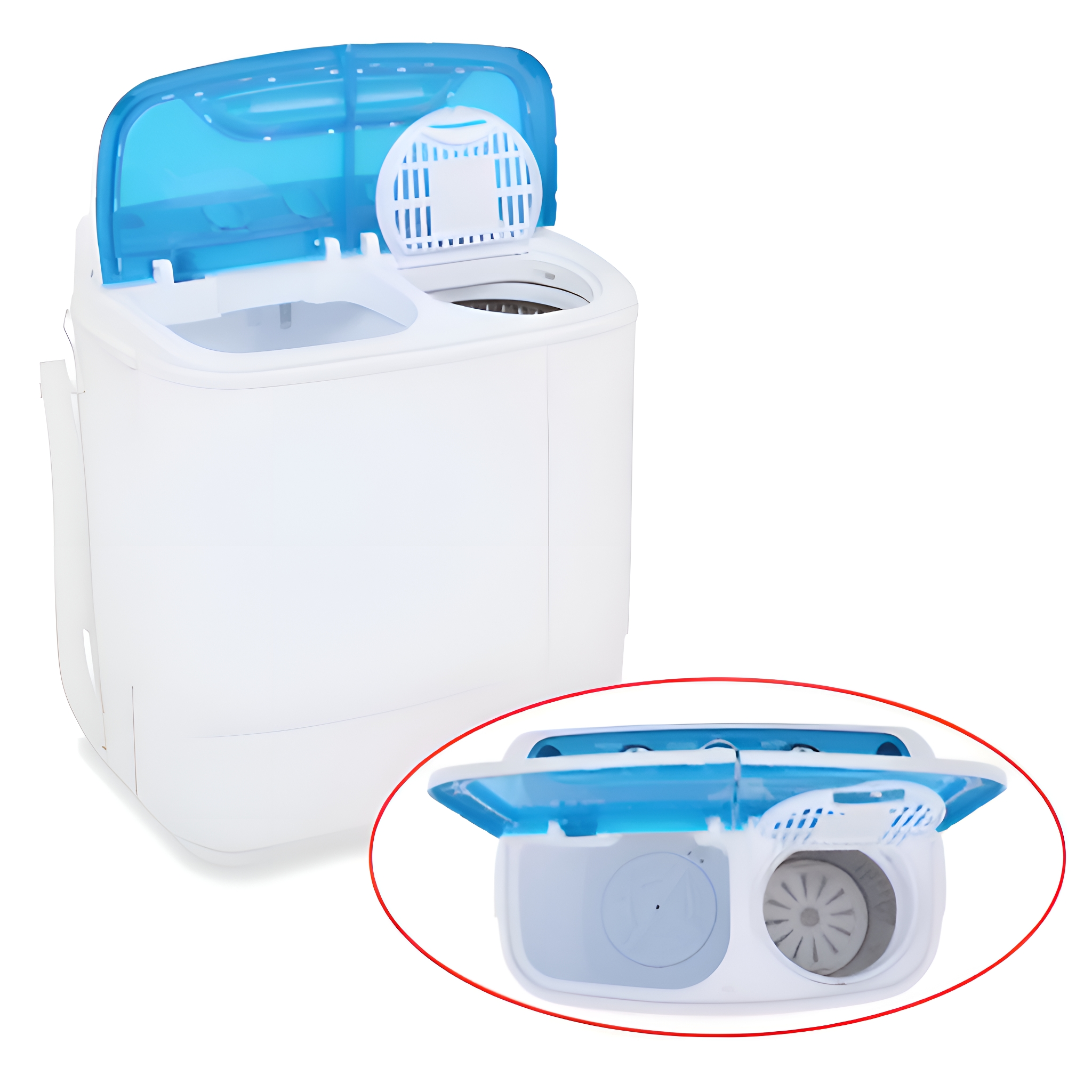 Eine kleine weiß-blaue Waschmaschine mit offenem Deckel, Nahaufnahme.