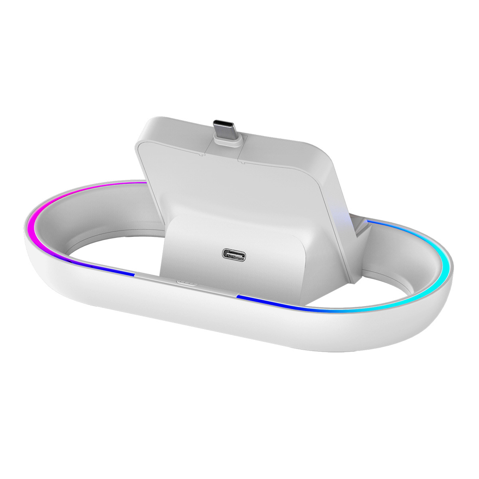 Eine weiße Ladestation für ein Gerät mit USB- und USB-C-Anschluss hat farbige Lichter um die ovale Basis.