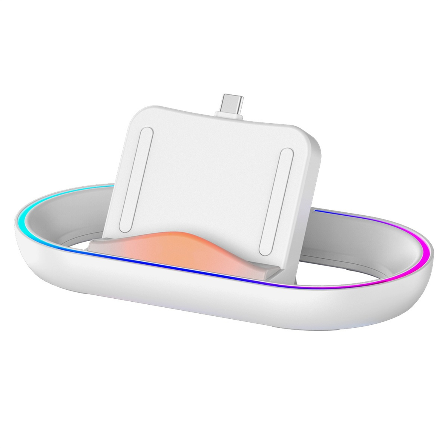 Ein weißes kabelloses Ladegerät mit einem Telefonständer. Es hat ein farbenfrohes Licht um den Rand.