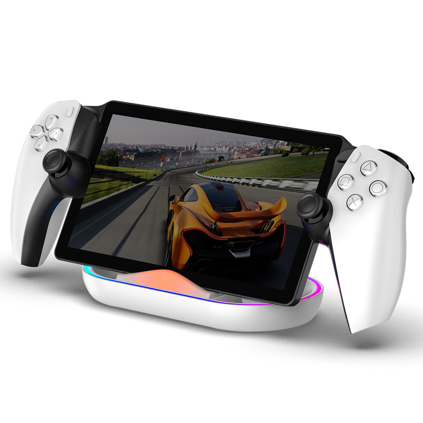 Ein Tablet in einem Gaming-Controller. Der Bildschirm zeigt einen gelben Sportwagen auf einer Strecke.