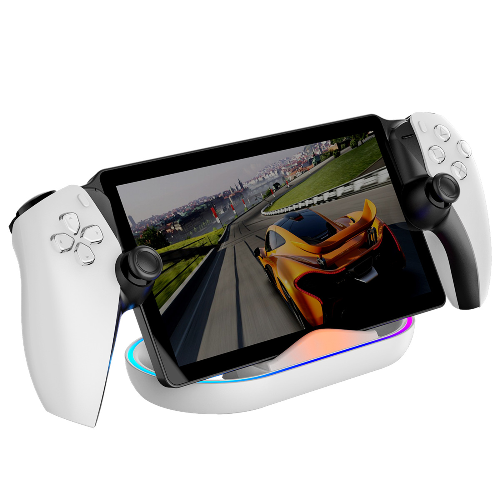 Tablet in weißem Controller, Rennspiel spielend. Der Controller hat Tasten.