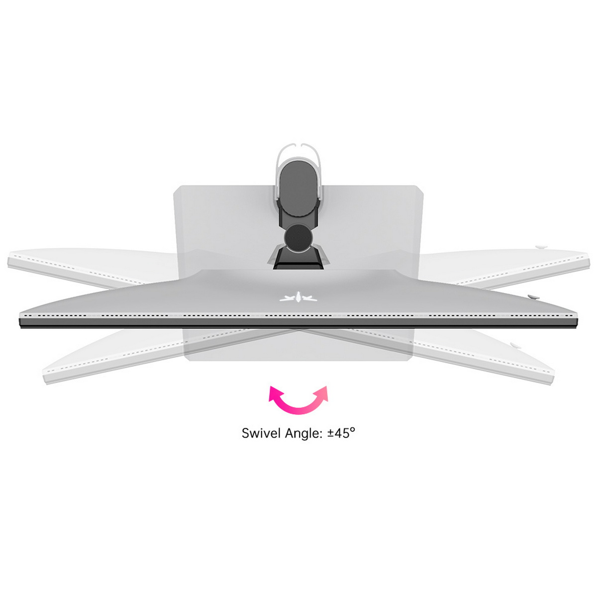 Monitor komputera, widok z góry, pokazujący kąt obrotu ±45°.