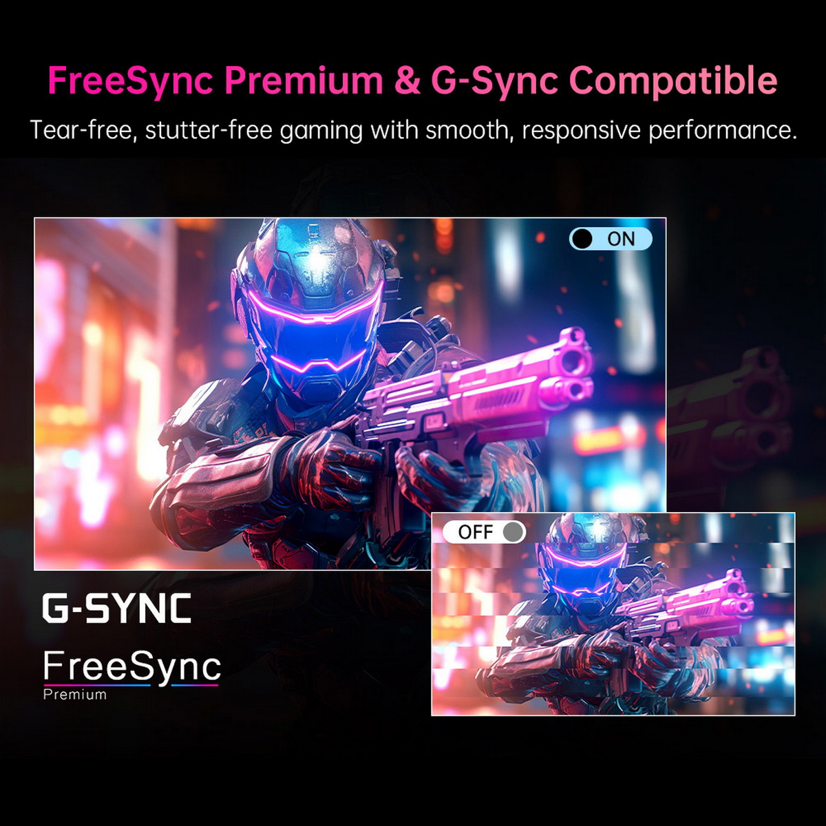 Ekran pokazujący grafikę gier FreeSync Premium i G-Sync Compatible, z porównaniami włączenia/wyłączenia.