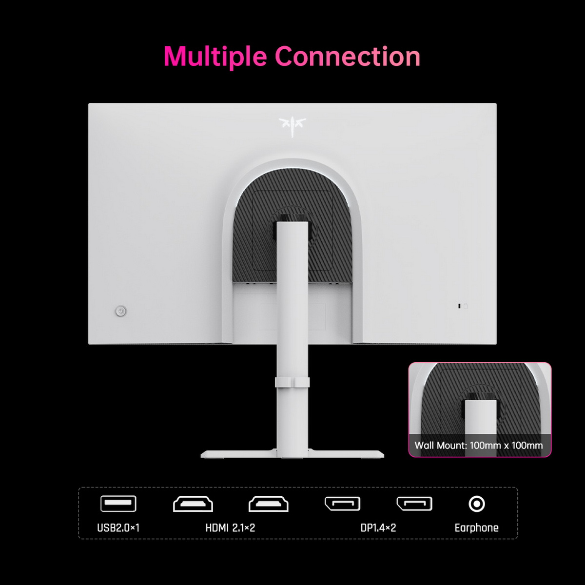 Biały monitor komputerowy, widok z tyłu. Porty są widoczne. Tekst: Wiele połączeń. Czarne tło.