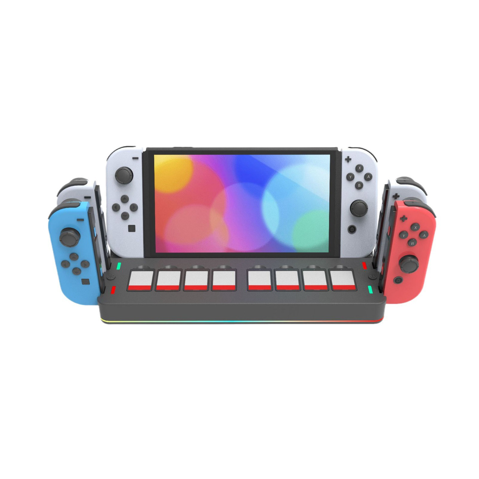 Nintendo Switch-Konsole mit angeschlossenen Controllern und einem Dock mit Knöpfen. Mehrere Controller.
