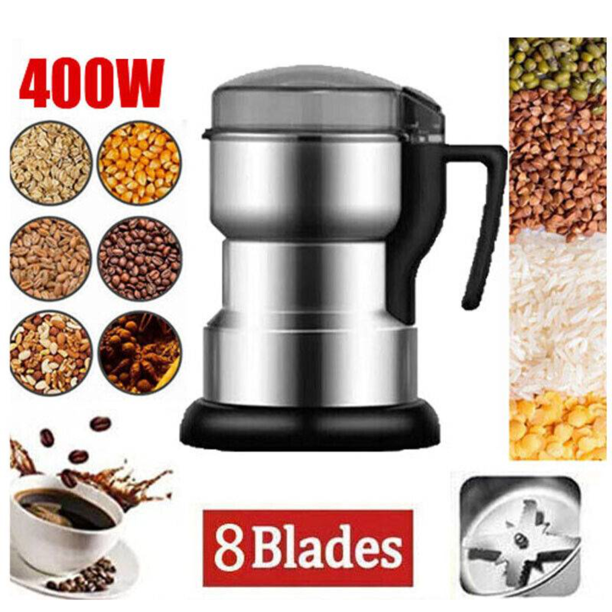 Eine silber-schwarze Kaffeemühle mit Griff, daneben Körner und Kaffeebohnen. Oben steht "400W".