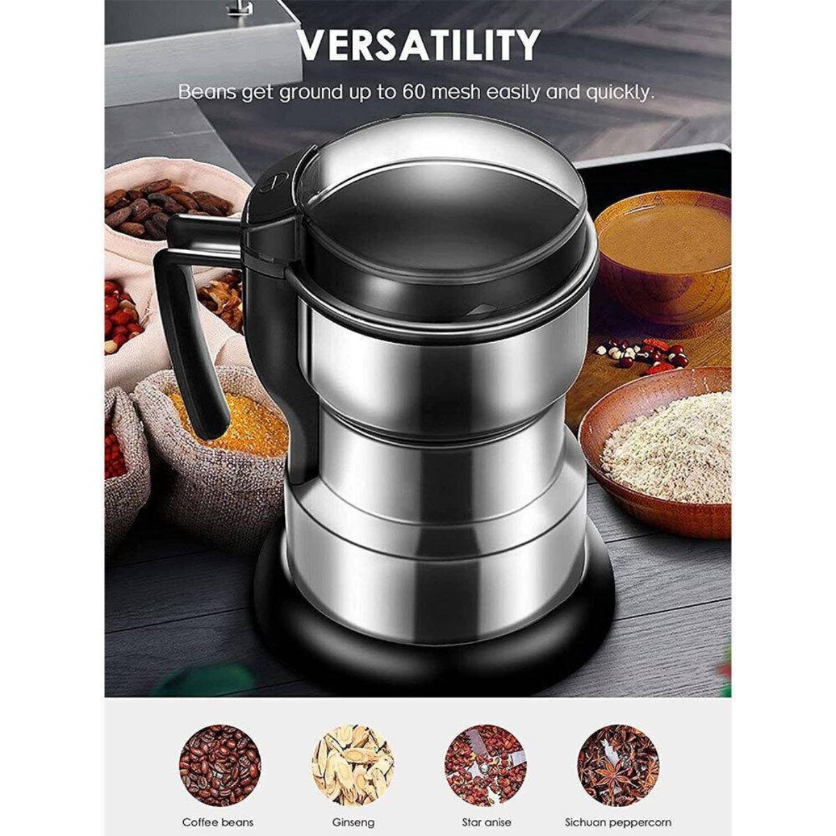 Eine Kaffeemühle mit Bohnen und Gewürzen, die die Vielseitigkeit des Geräts beim Mahlen hervorhebt.