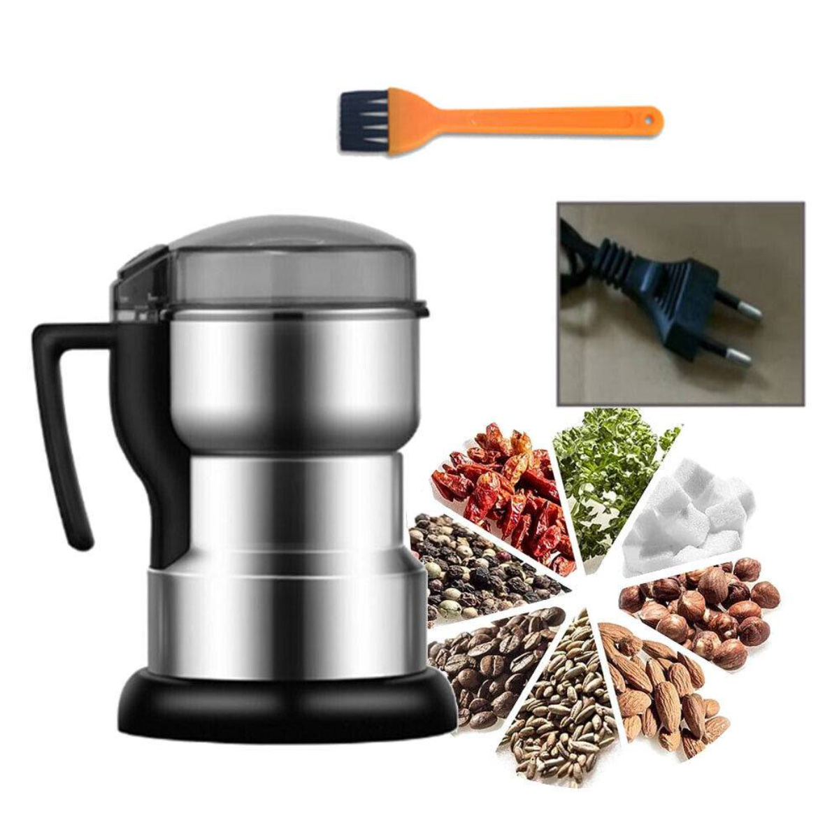 Kaffeemühle mit Zutaten, Reinigungsbürste und Netzstecker.