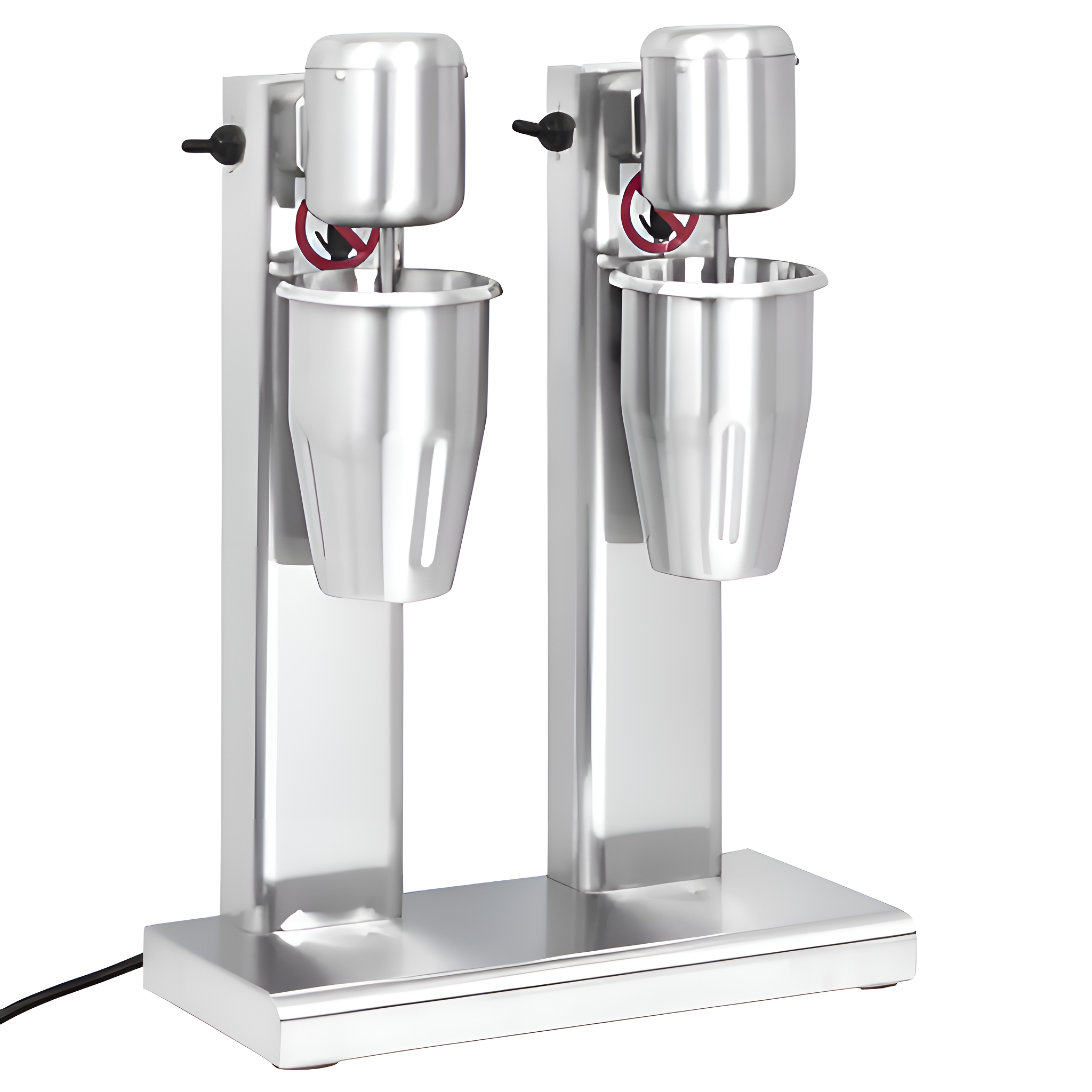 Doppelte Milchshake-Maschine, Edelstahl. Jede Seite hat einen Becher und einen Motor.