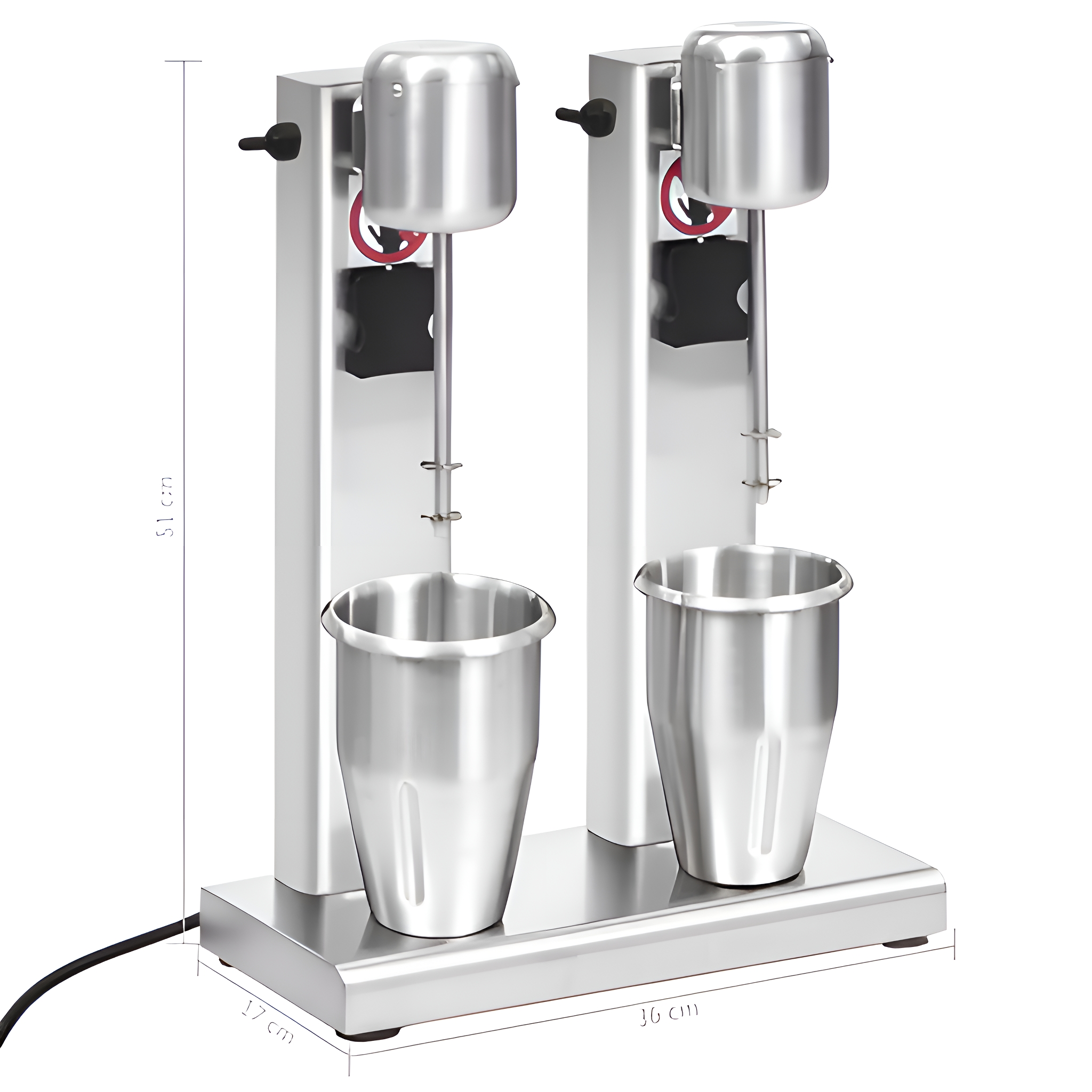 Zwei Milchshake-Maschinen aus Edelstahl mit Metallbechern. Abmessungen gezeigt.