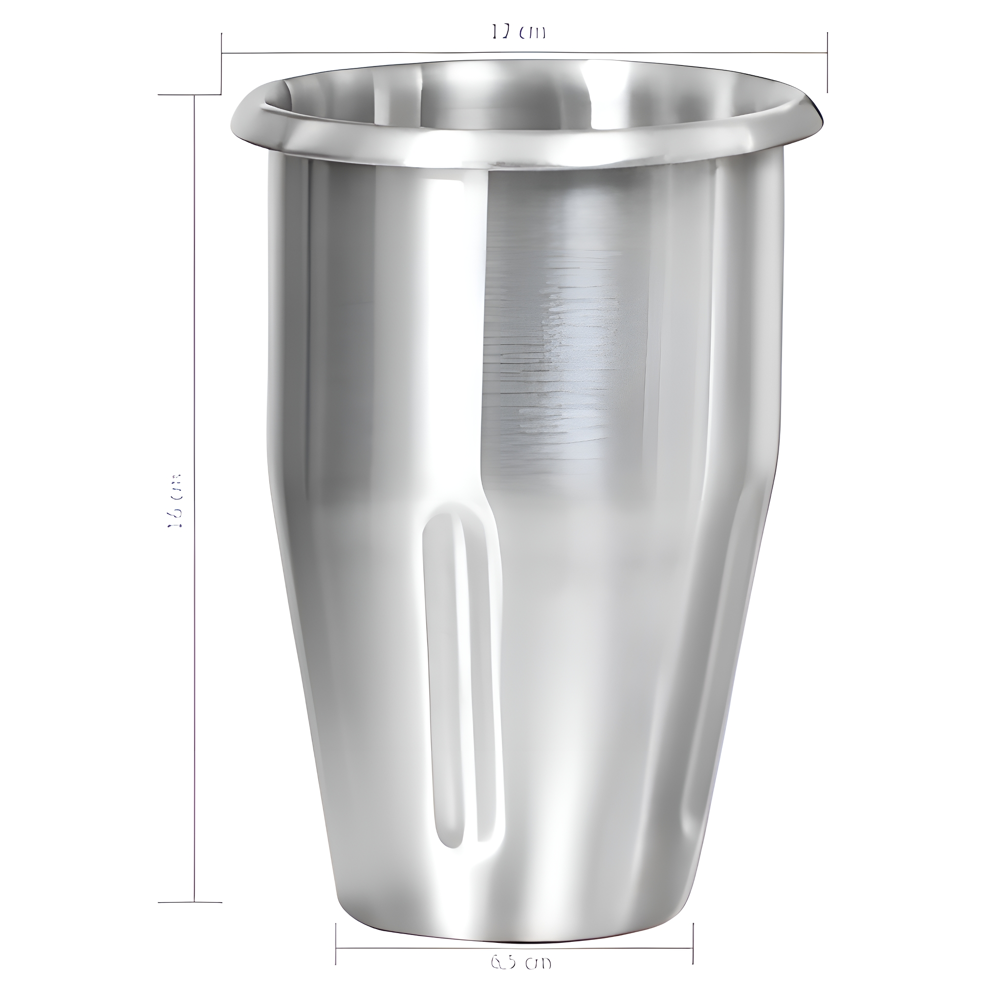 Edelstahlbecher mit beschrifteten Abmessungen: 17 cm oben, 6,5 cm unten, 16 cm Höhe.