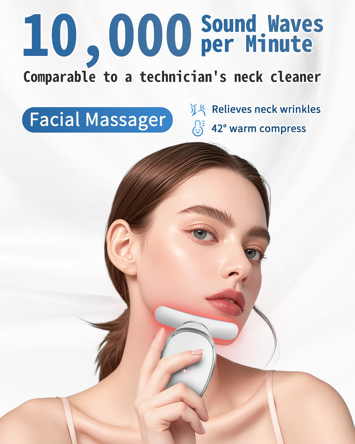 Frau hält Gesichtsmassagegerät, Text über Schallwellen und Falten.