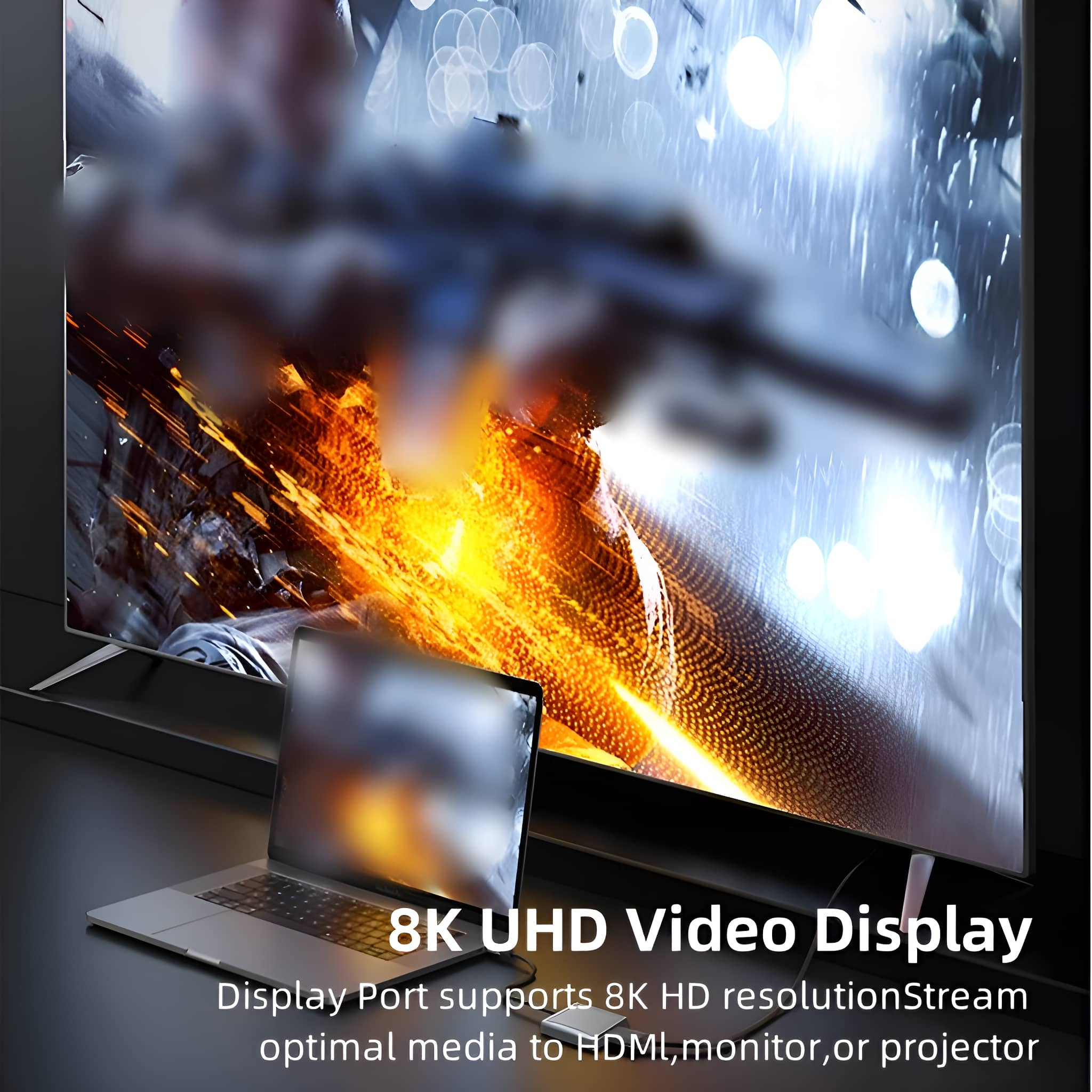 Ein großer Bildschirm mit einer Spielszene, einem Laptop und Text mit der Aufschrift 8K UHD Video Display.