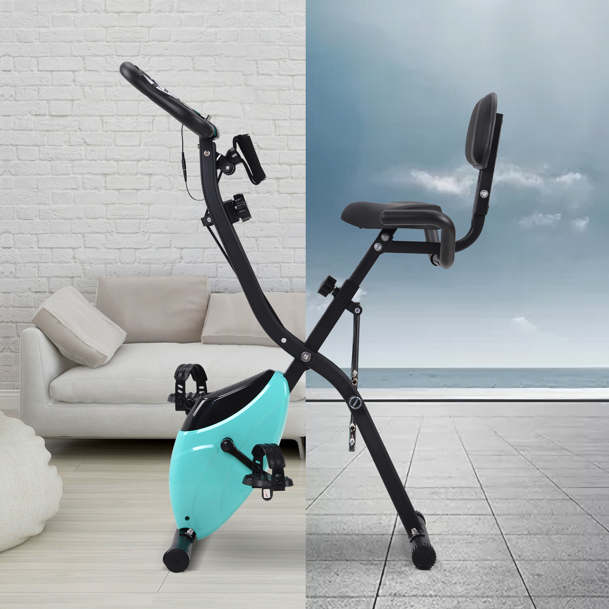 Heimtrainer in einem Raum, weißes Sofa und Fenster mit Himmelsblick.