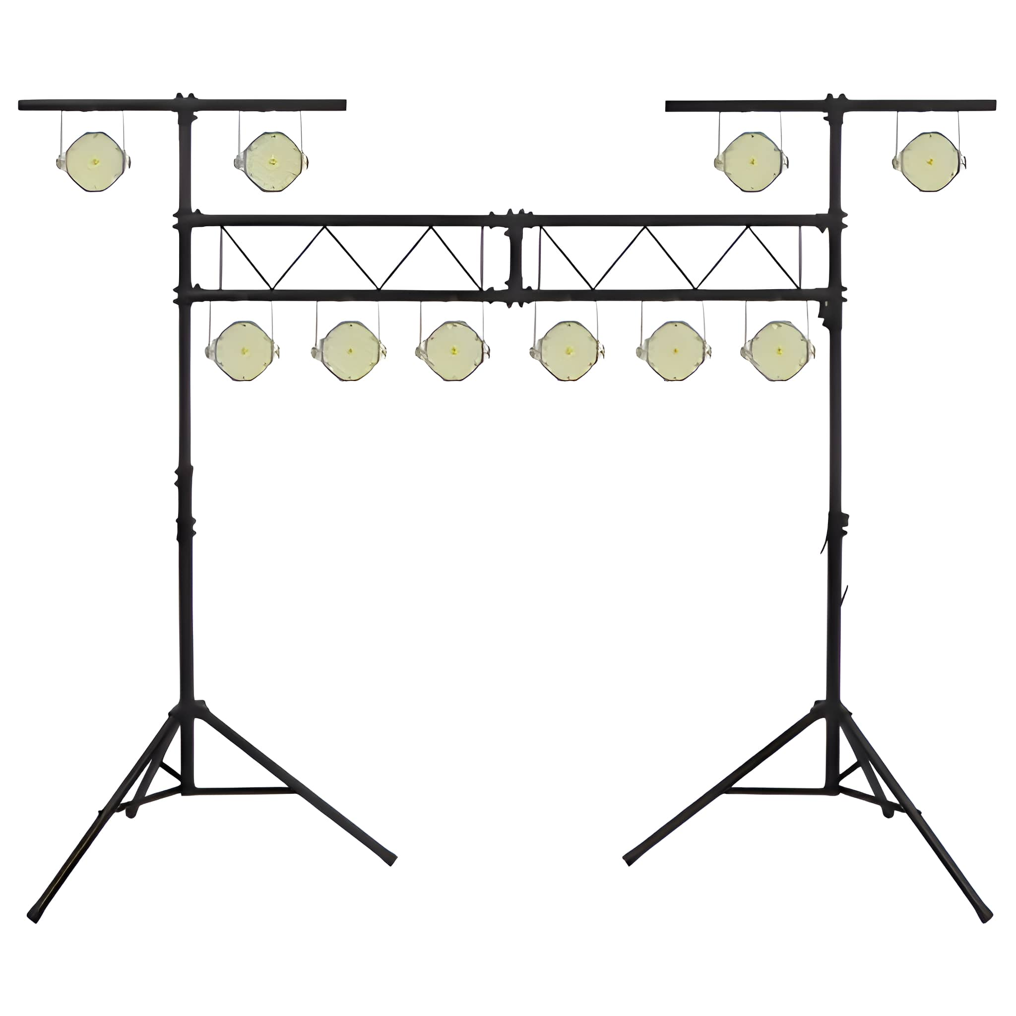 Zwei schwarze Lichtstative mit angebrachten Lichtern. Jeder Ständer hat eine T-Form.