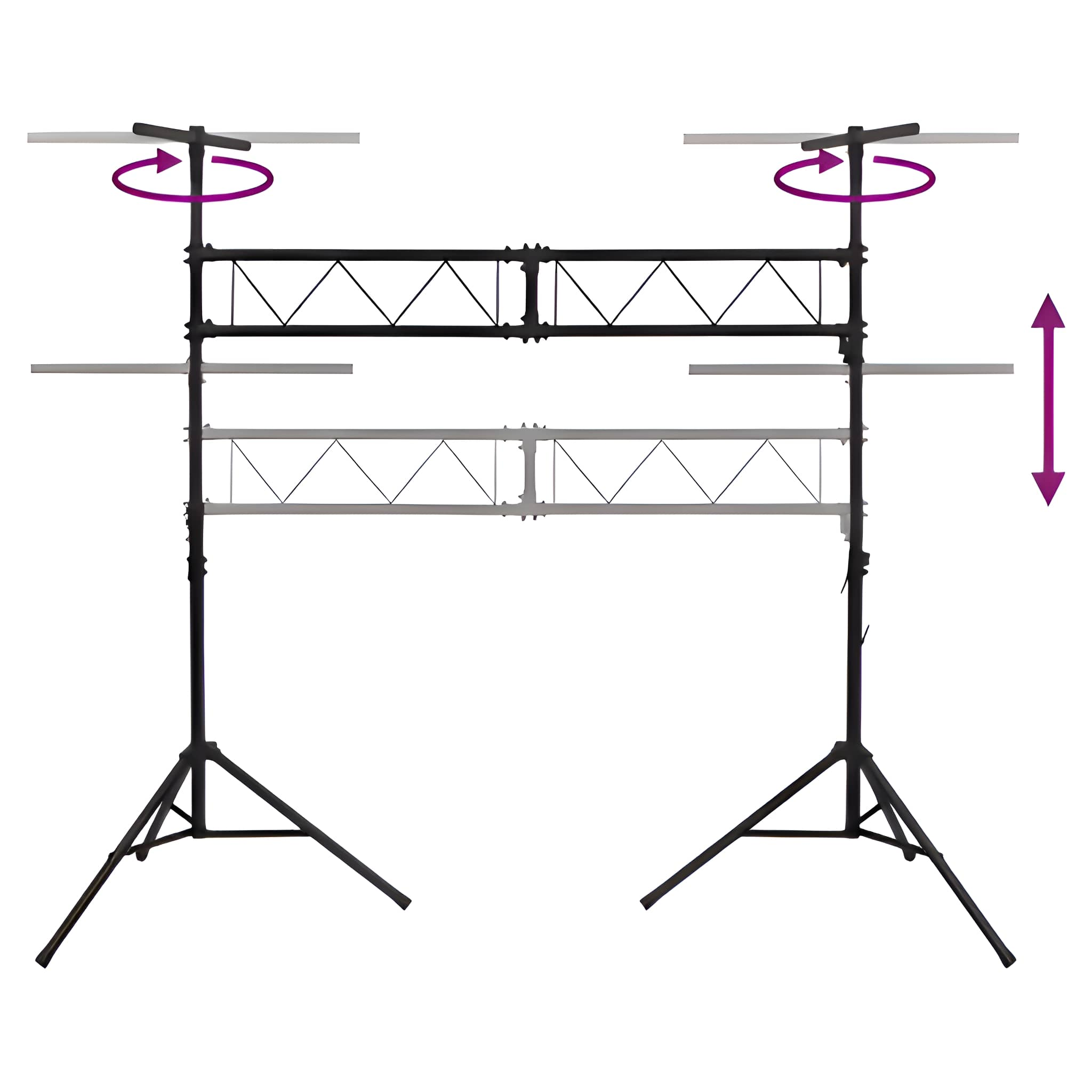 Ein Bühnentruss-System mit verstellbarer Höhe, Rotationsanzeigen und weißem Hintergrund, das seine Flexibilität zeigt.