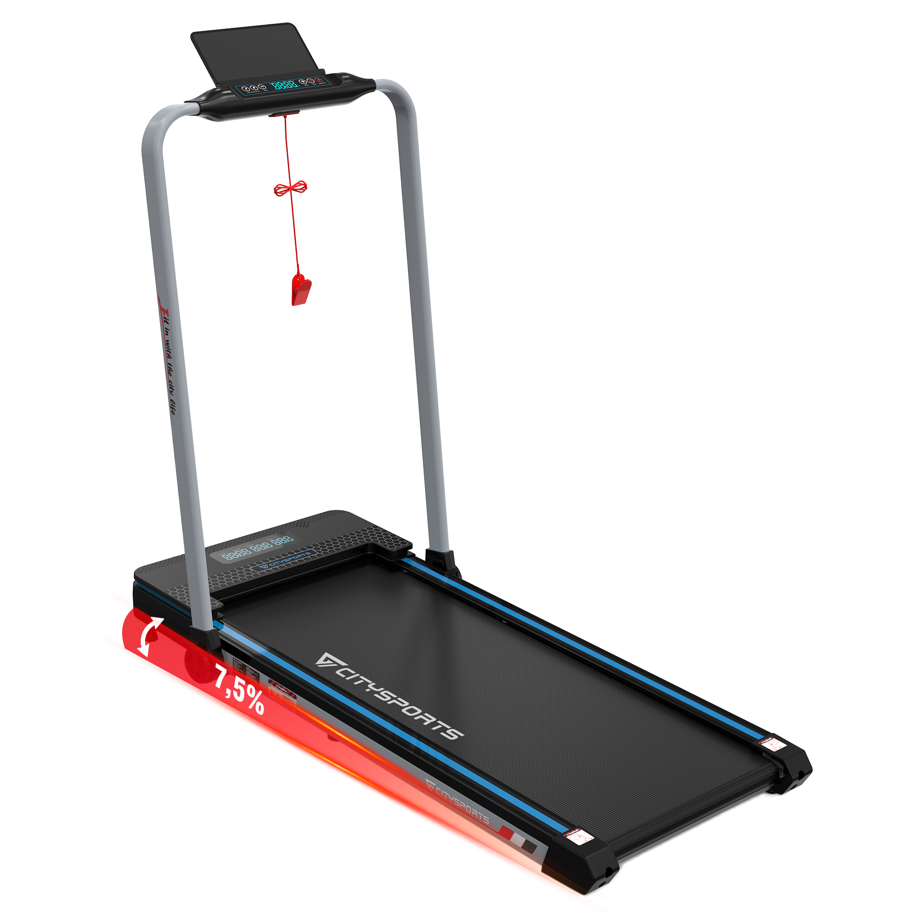 Un tapis roulant nero con struttura rossa e grigia. Ha uno schermo e una chiave di sicurezza rossa.