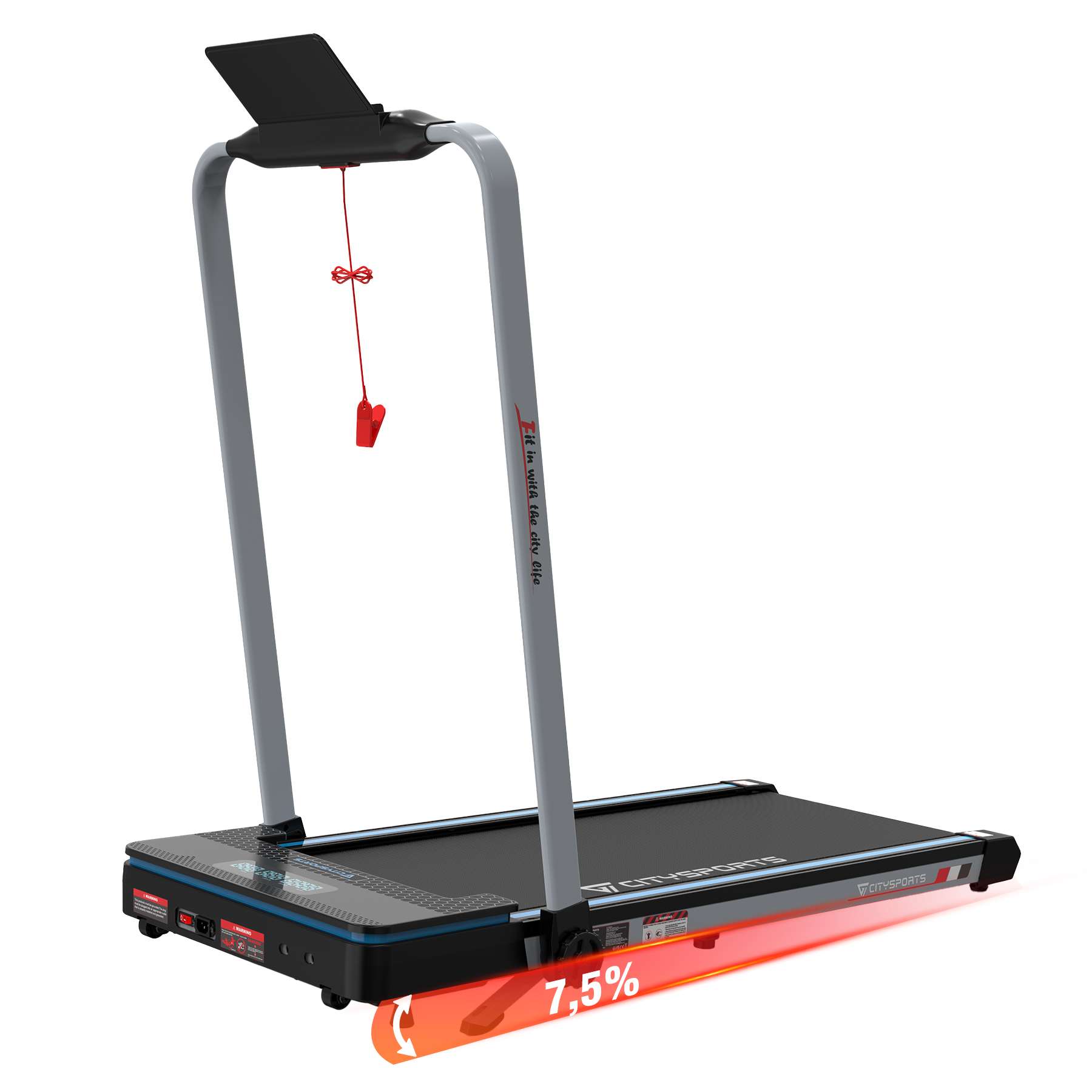 Czarna i szara bieżnia z czerwoną kluczem bezpieczeństwa w kształcie serca i nachyleniem 7,5%.