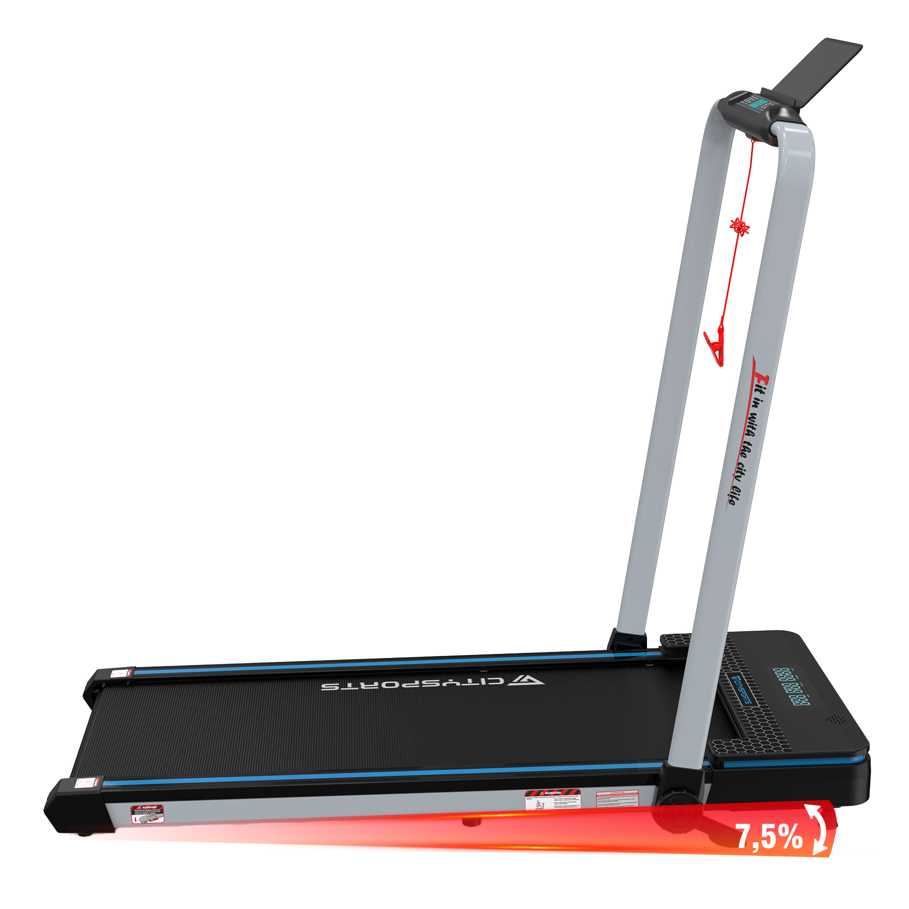Prezentowany jest bieżnia z czerwonym kluczem bezpieczeństwa. Nachylenie ustawiono na 7,5%. Jest na białym tle.