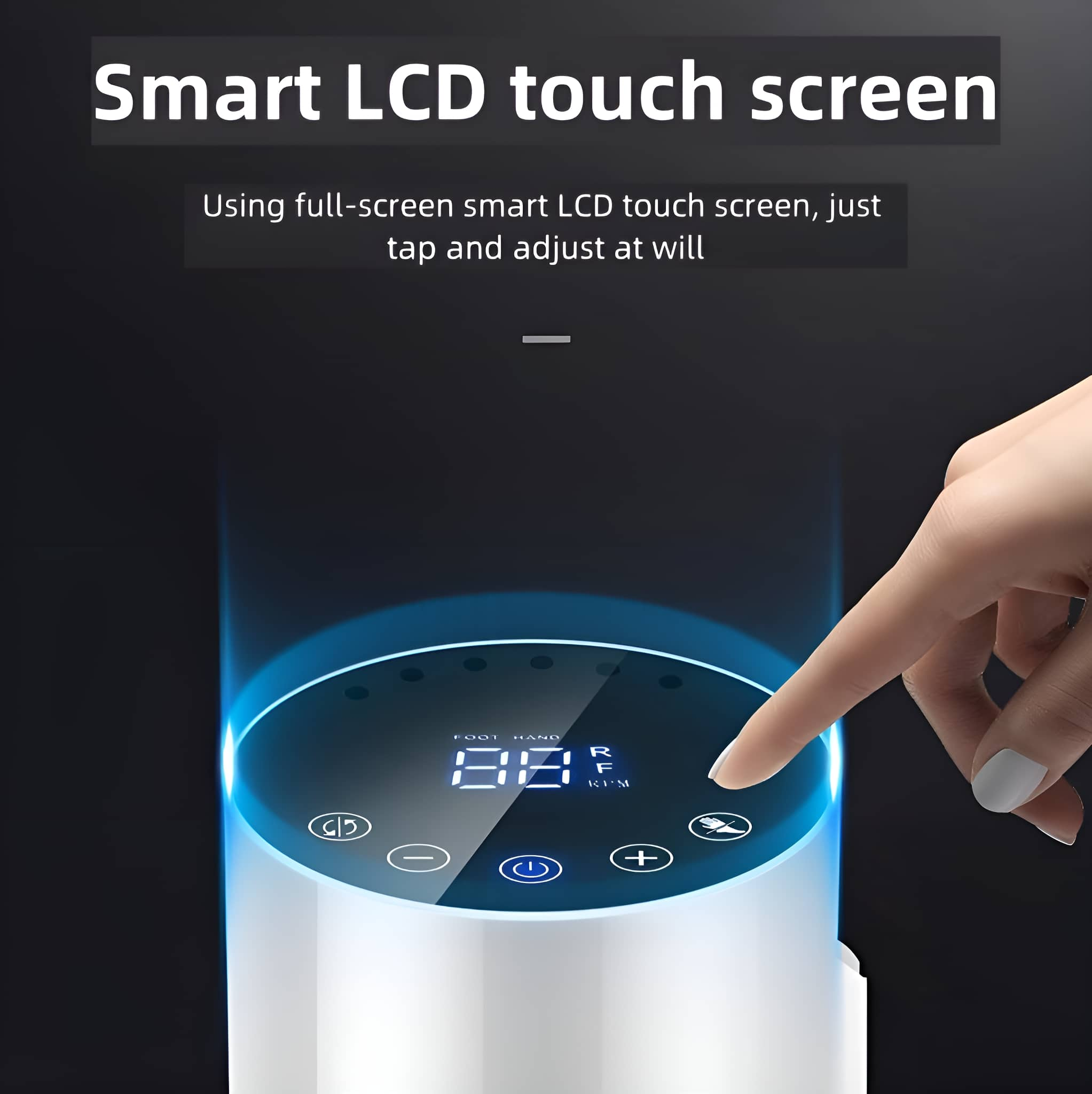 Ein Finger berührt einen intelligenten LCD-Touchscreen. Weißes Gerät auf dunklem Hintergrund.