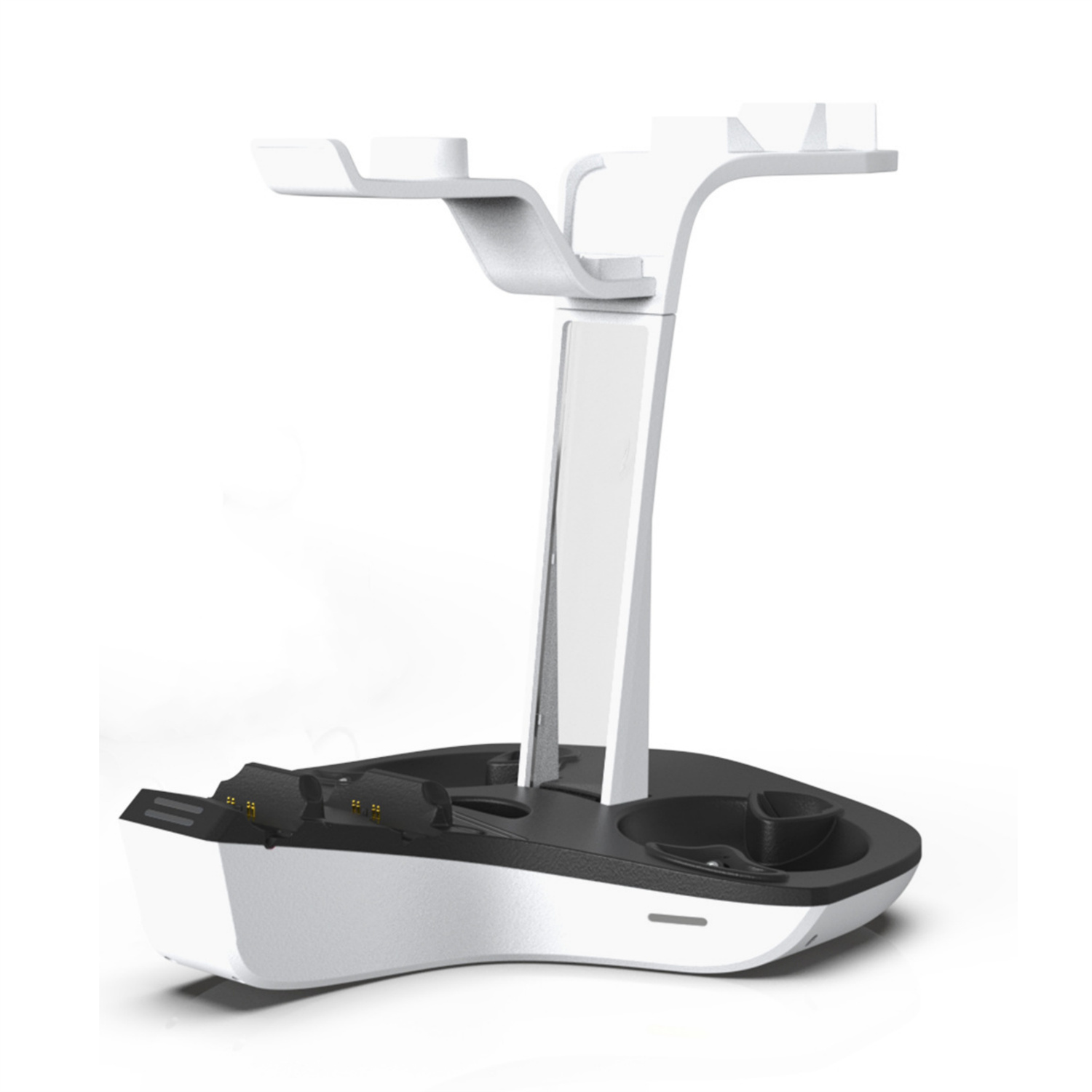 Weißer Gamecontroller-Ständer mit zwei Controller-Steckplätzen und einer Ladestation.