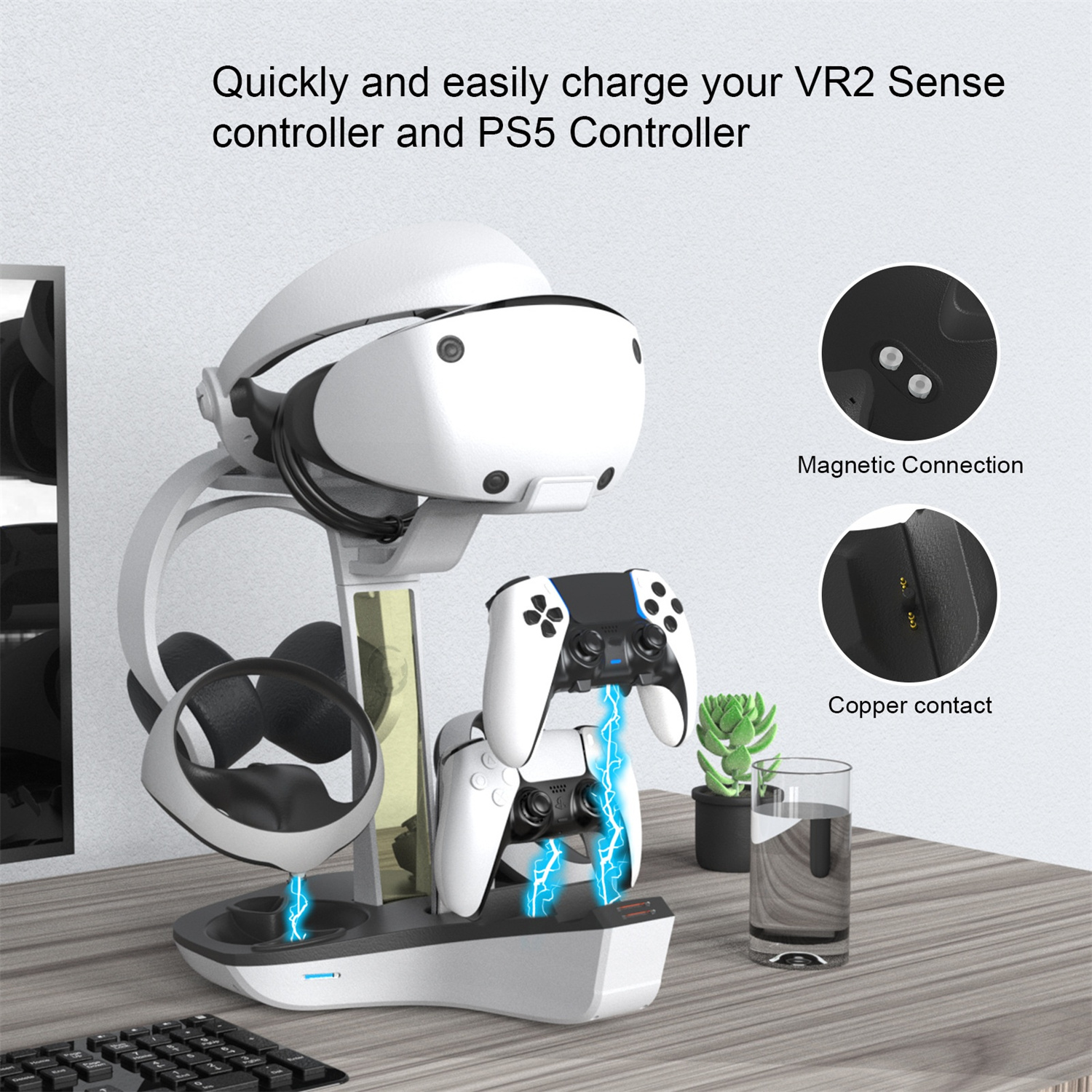 VR-Headset- und Controller-Ladestation mit blauen Lichtakzenten.