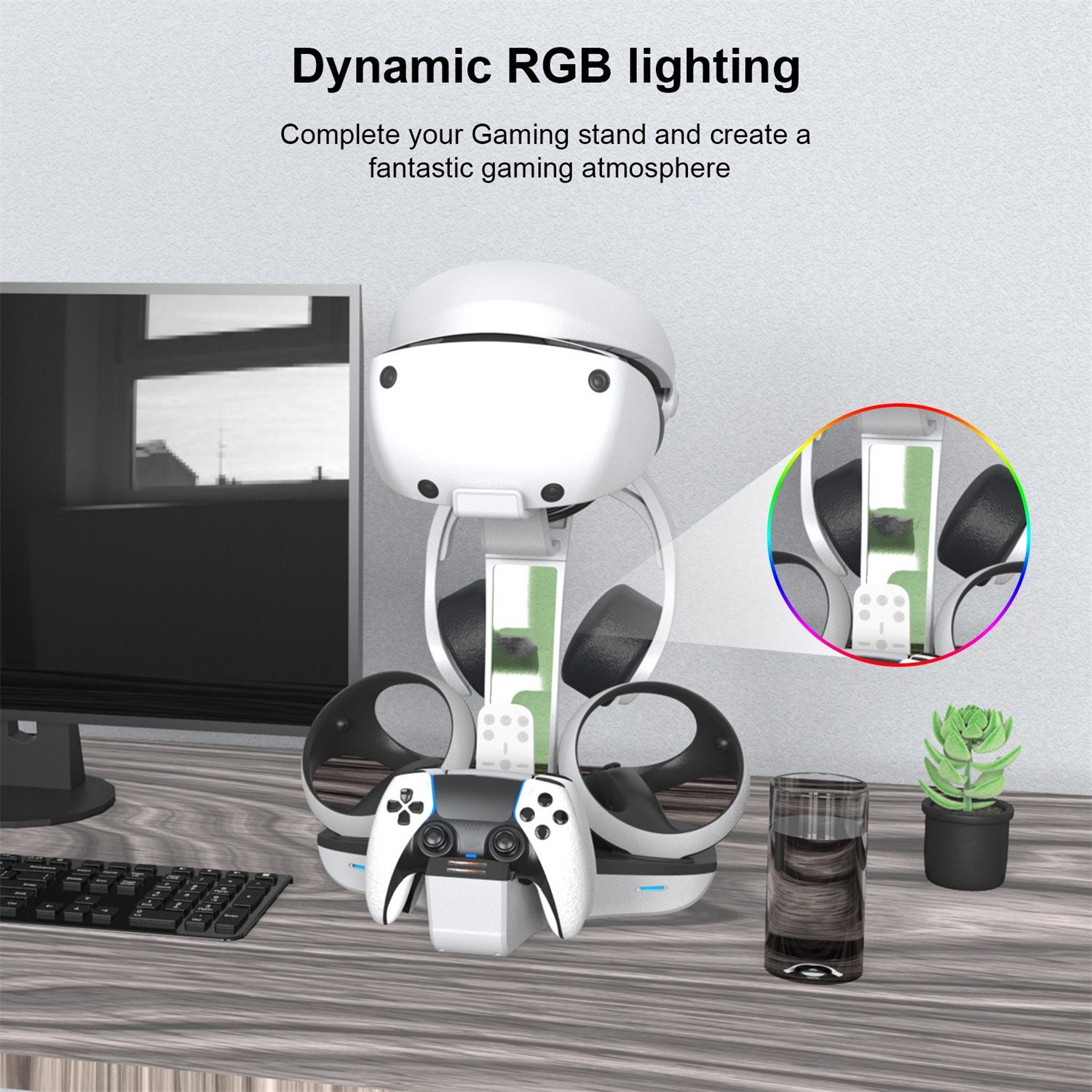 Ein weißer Gaming-Ständer mit VR-Headset, Controllern und Zubehör auf einem Schreibtisch.